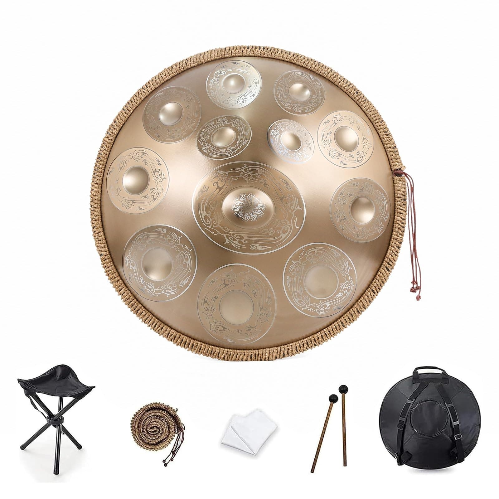WOLWES Handpan Drum D Minor 9/10/12 Notes 22 Inch 432HZ/440HZ Gold Handpan Drum For Beginners, Professionals and Music Therapists Personal Meditation Sound Healing