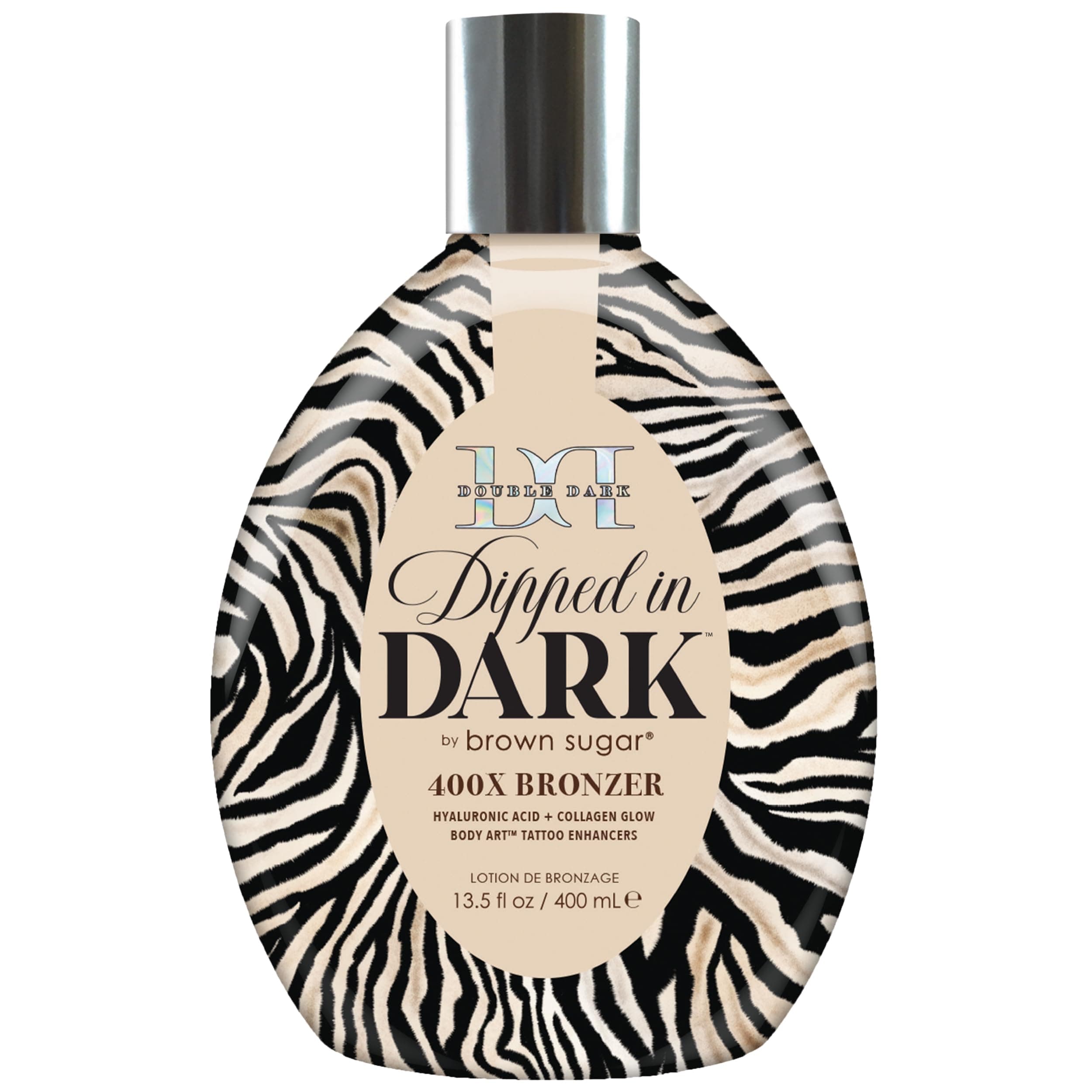 Dipped in Dark Tanning Lotion, Double Dark 400X Bronzer with Hyaluronic Acid, Collagen & Tattoo Enhancers, 13.5 Fl Oz