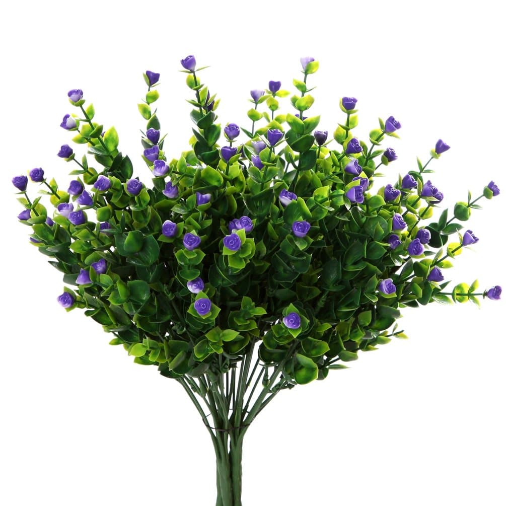 Houda 4pcs Fake Plants Artificial Greenery Shrubs Eucalyptus Branches with Purple Baby's Breath Flower Plastic Bushes House Office Garden Patio Yard Inddor Outdoor Decor (Purple 02)