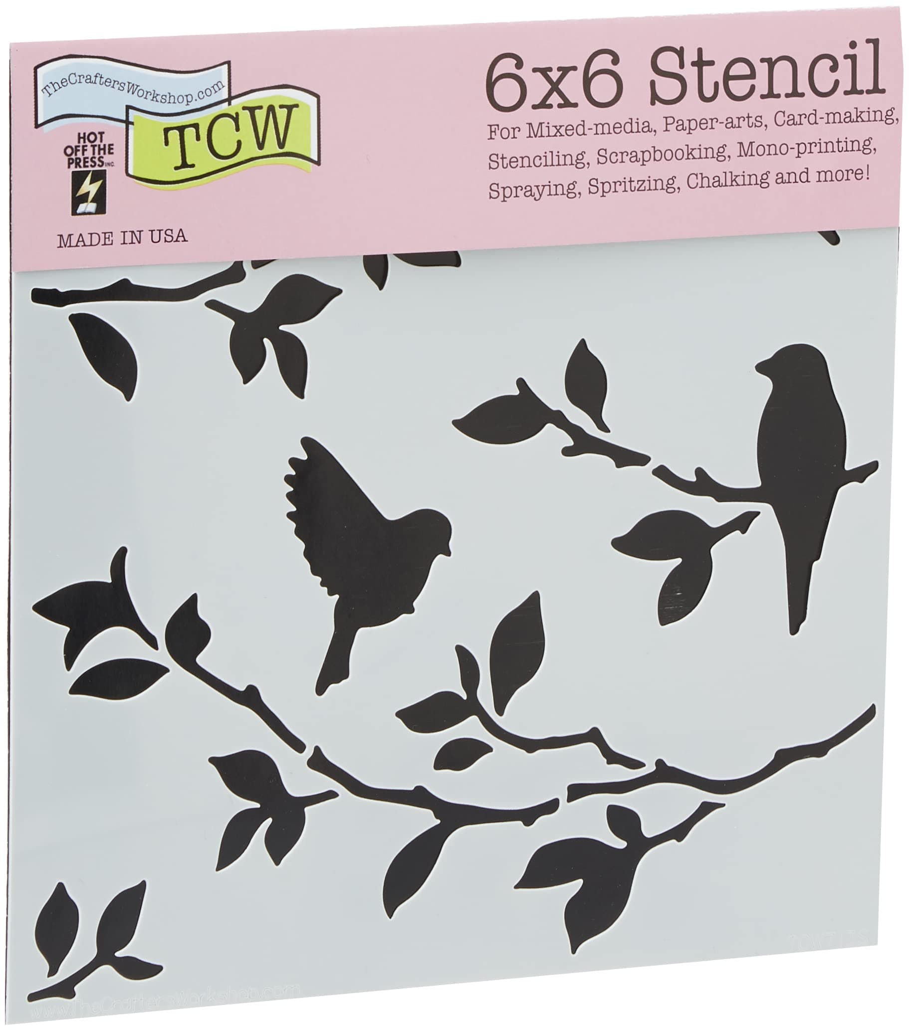 The Crafters Workshop TCW713S "Birds On Branches" Stencil, Transparent, 6 x 6-Inch (18 x 16 x 0.1 cm)