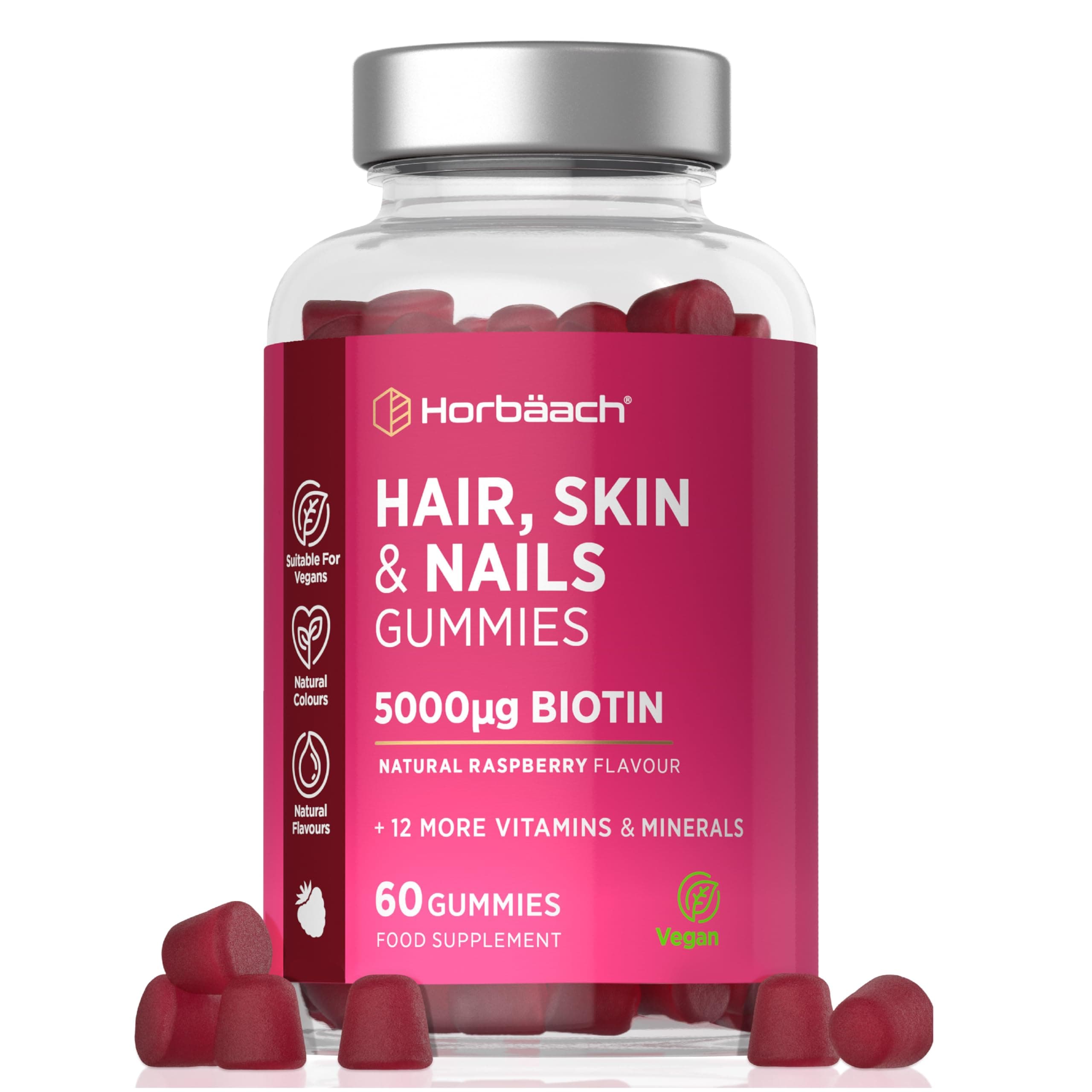 Hair Skin and Nails Vitamins | 5000mcg Biotin | Hair Growth Vitamins | with Added Zinc, Vitamin C, E & More! 60 Vegan Gummies | Supplement for Women and Men | by Horbaach