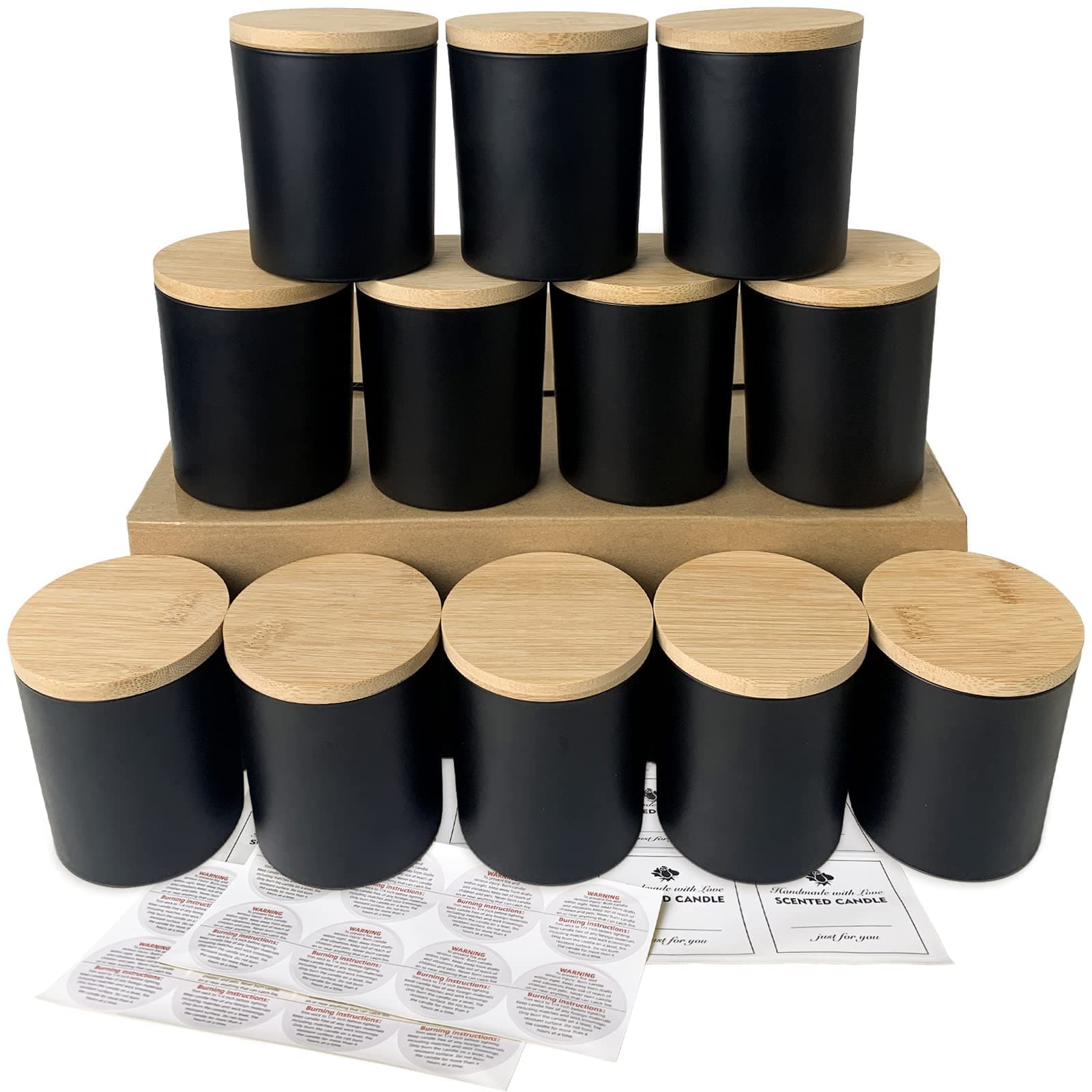 CONNOO Pack of 12 10oz Matte Black Glass Candle Jars with Bamboo Lids for Candle Making Empty Candle Tins with Wooden Lids Bulk Clean Candle Container - Dishwasher Safe