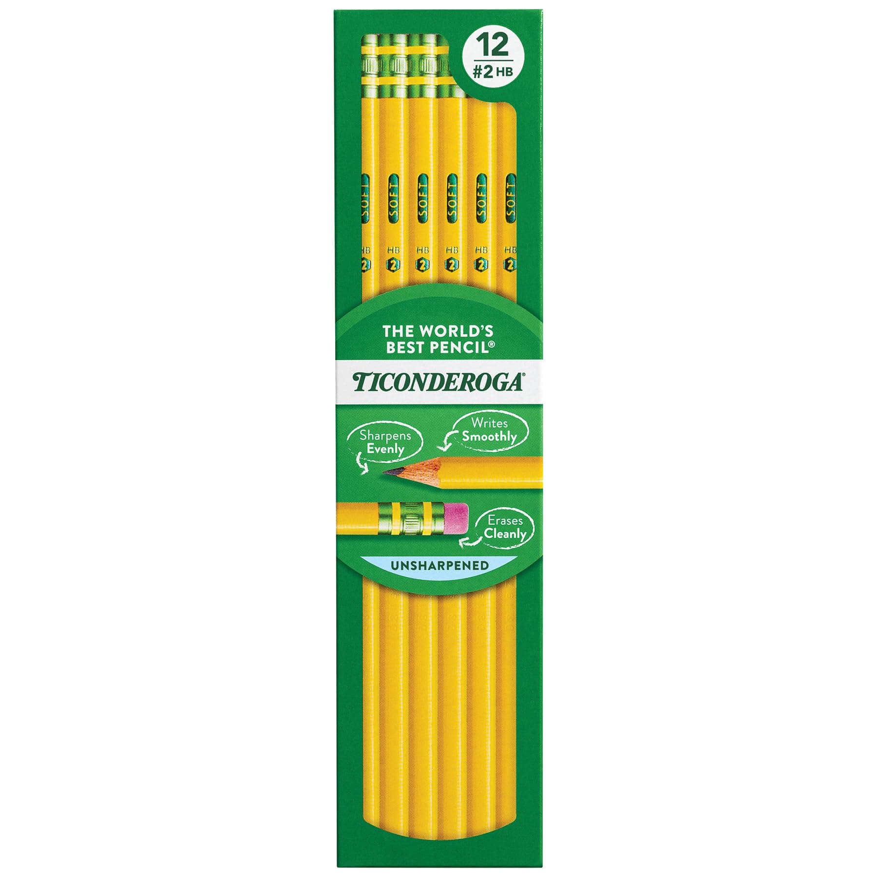 Ticonderoga Wood-Cased Pencils, Unsharpened, #2 HB Soft, Yellow, 12 Count