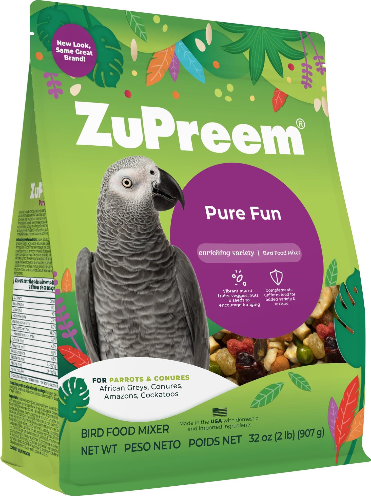 Pure Fun Bird Food, Parrot, Conure, Caique, African Grey, Eclectus, Small Cockatoo, Seed and Pellet Blend for Medium Large Birds, Bird Food Mixer Topper, Enriching Variety (ML, 2 lbs)