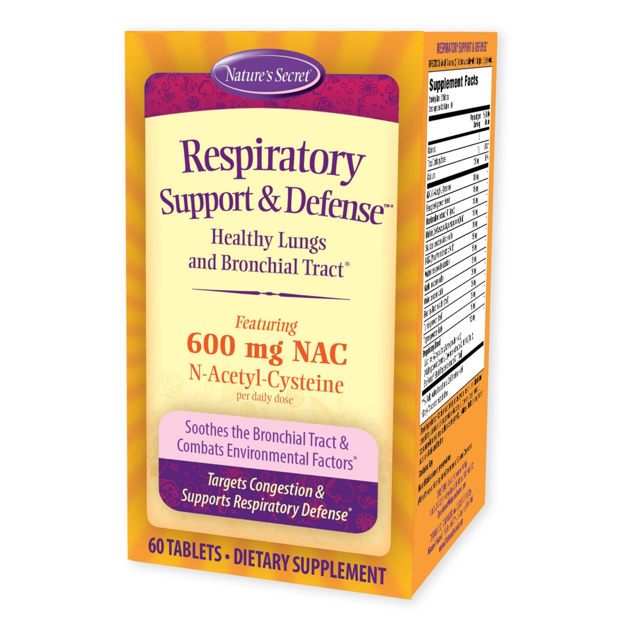 Nature's Secret Respiratory Support & Defense Promotes Healthy Lungs & Bronchial Tract - Natural Soothing 14 Botanical Blend Combats Environmental Factors with NAC, Fenugreek & More - 60 Tablets