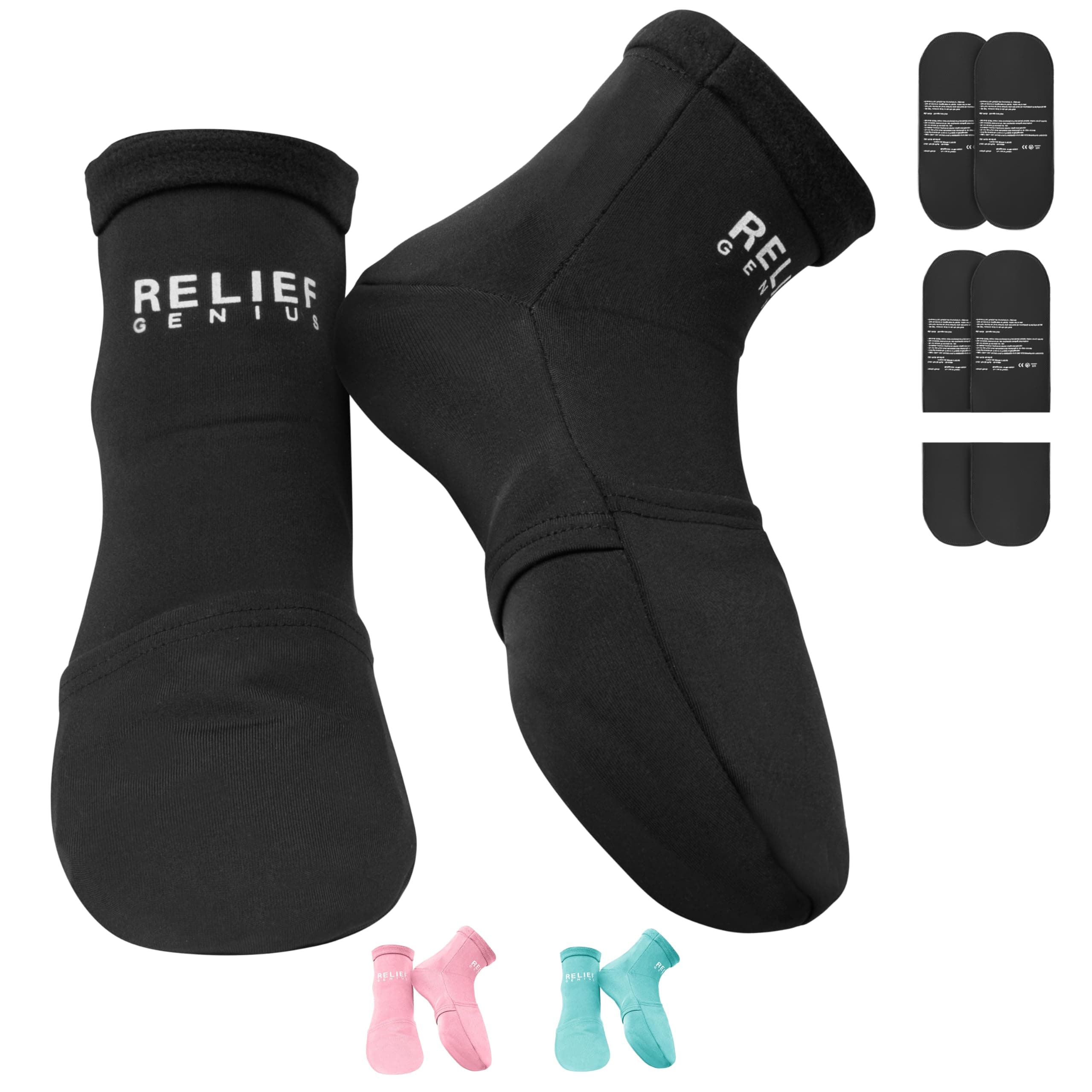 Relief Genius Cold Therapy Socks with Reusable Gel ice Packs - Achieve Relief from Sprains, Muscle Pain, Bruises, Swelling, Edema, Chemotherapy, Arthritis, Post Partum Foot (Black, Small/Medium)