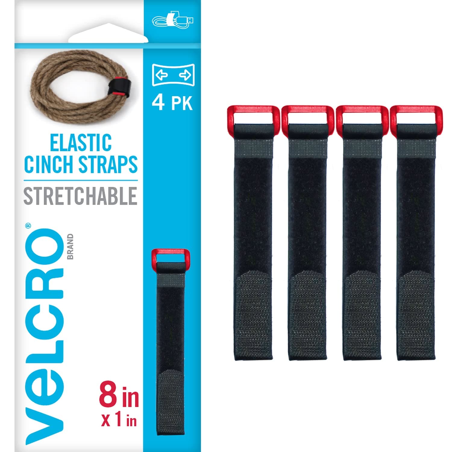 VELCRO Brand VEL-30791-AMS Elastic Cinch Straps with Buckle | 8in x 1in, Pk of 4 | Fully Adjustable and Stretch for Snug Fit | for Fastening Power Cords, Ropes, Organizing Cables, More | Black