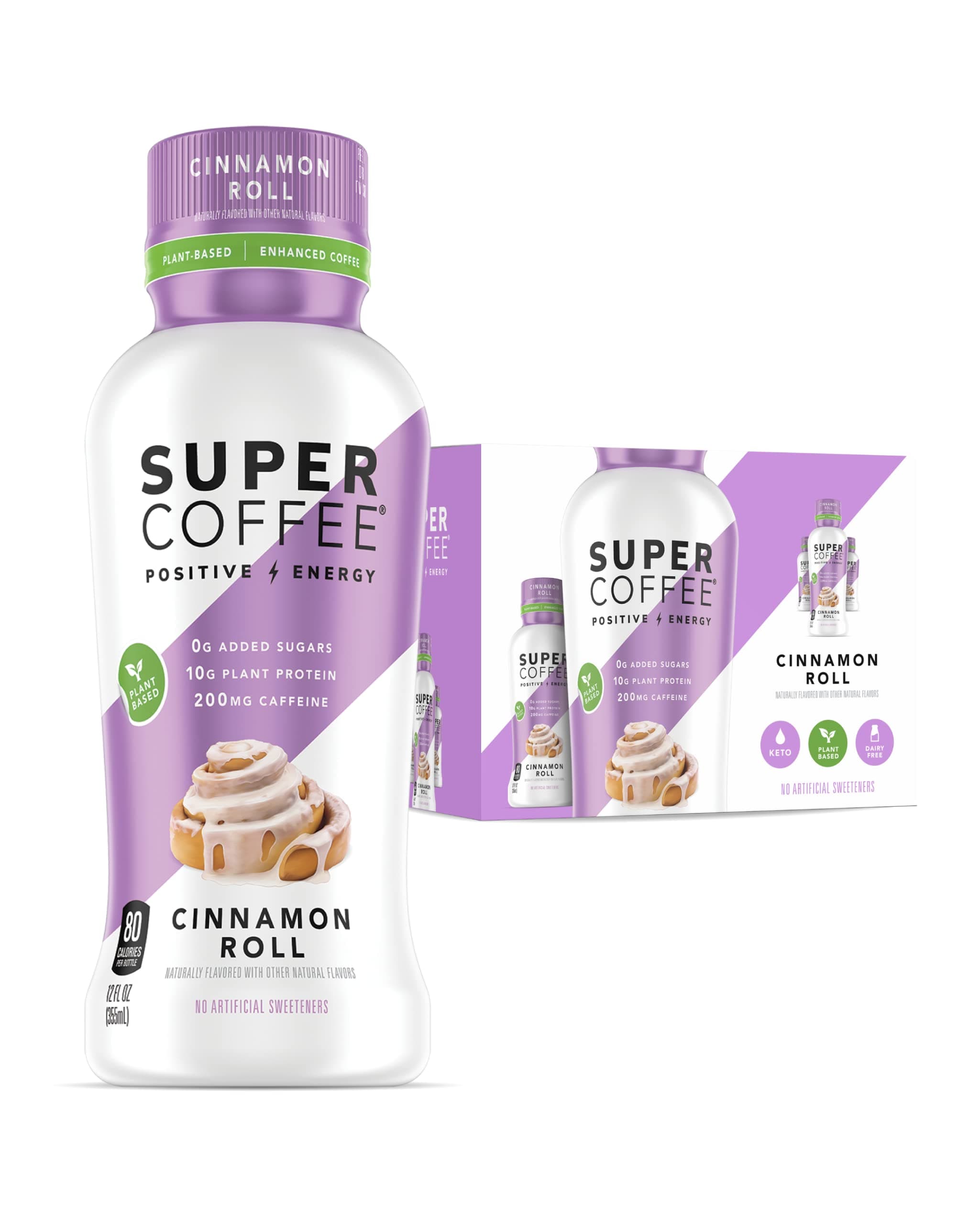 Super Coffee Ready To Drink Iced Cinnamon Roll (12 Ounce Bottles, Pack of 12) - Low Net Carbs, No Added Sugar, Keto Friendly, 10g Protein, Low Calorie, Smart Coffee