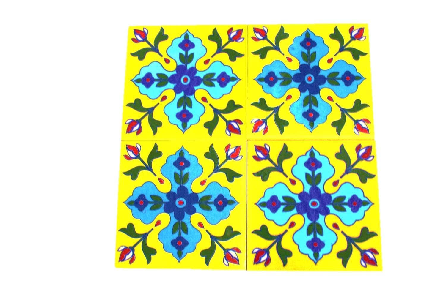 The Himalaya Craft Blue Pottery Ceramic Handmade Tiles for Wall (4 x 4-inch) - Pack of 4 (Yellow)