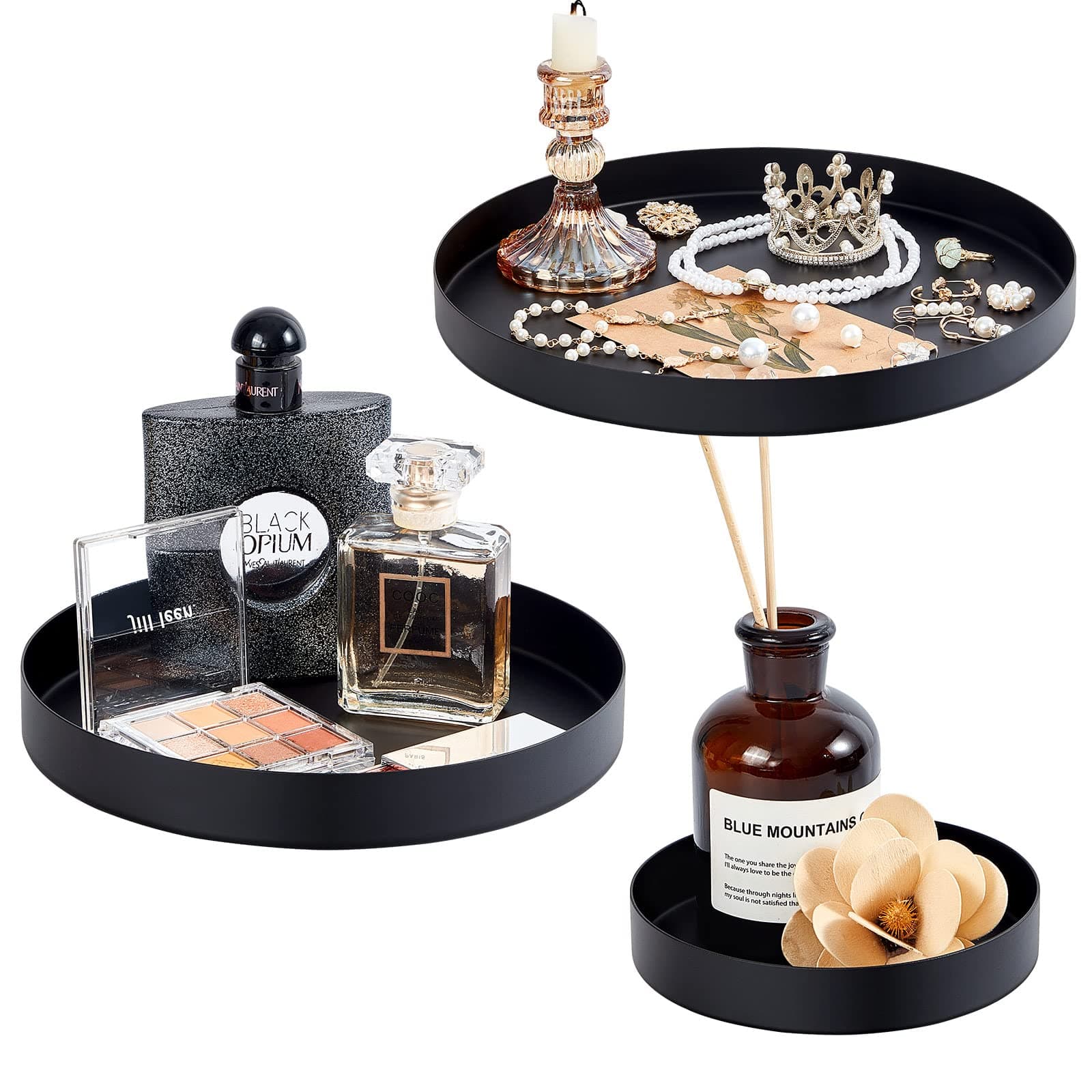 3 Pieces Round Decorative Serving Tray Perfume Candle Plate Tray for Coffee Table Centerpieces Jewelry Organizer Decor Tray for Makeup Keys Vanity Bathroom Storage (Black, Mixed Size)