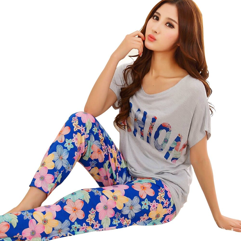 Women's Modal Large Size Thin Floral Print Home Clothes (M, Grey-A)