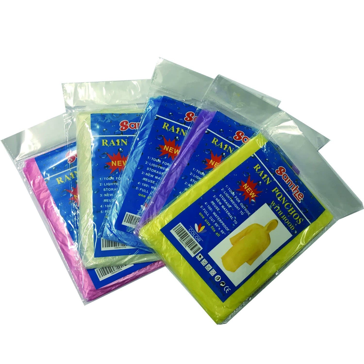 sanhe Samhe Disposable Rain Poncho One Size Fit All with Hood 10 Per Pack Random Color