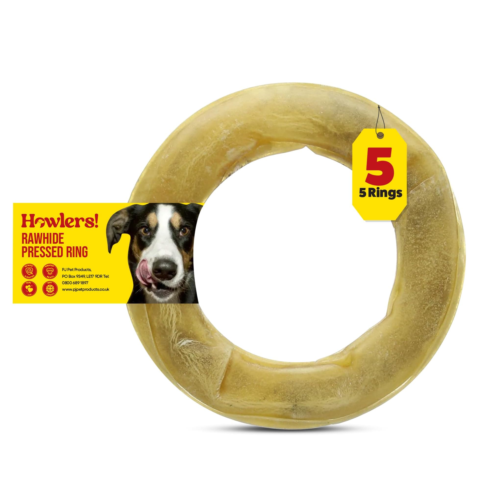 HOWLERS Pack of 5 Natural 15cm Dog Chews Rawhide Pressed Rings | Natural Ring Shaped Hide Chews For Dogs | Rawhide Dog Chew Made From Natural Ingredients