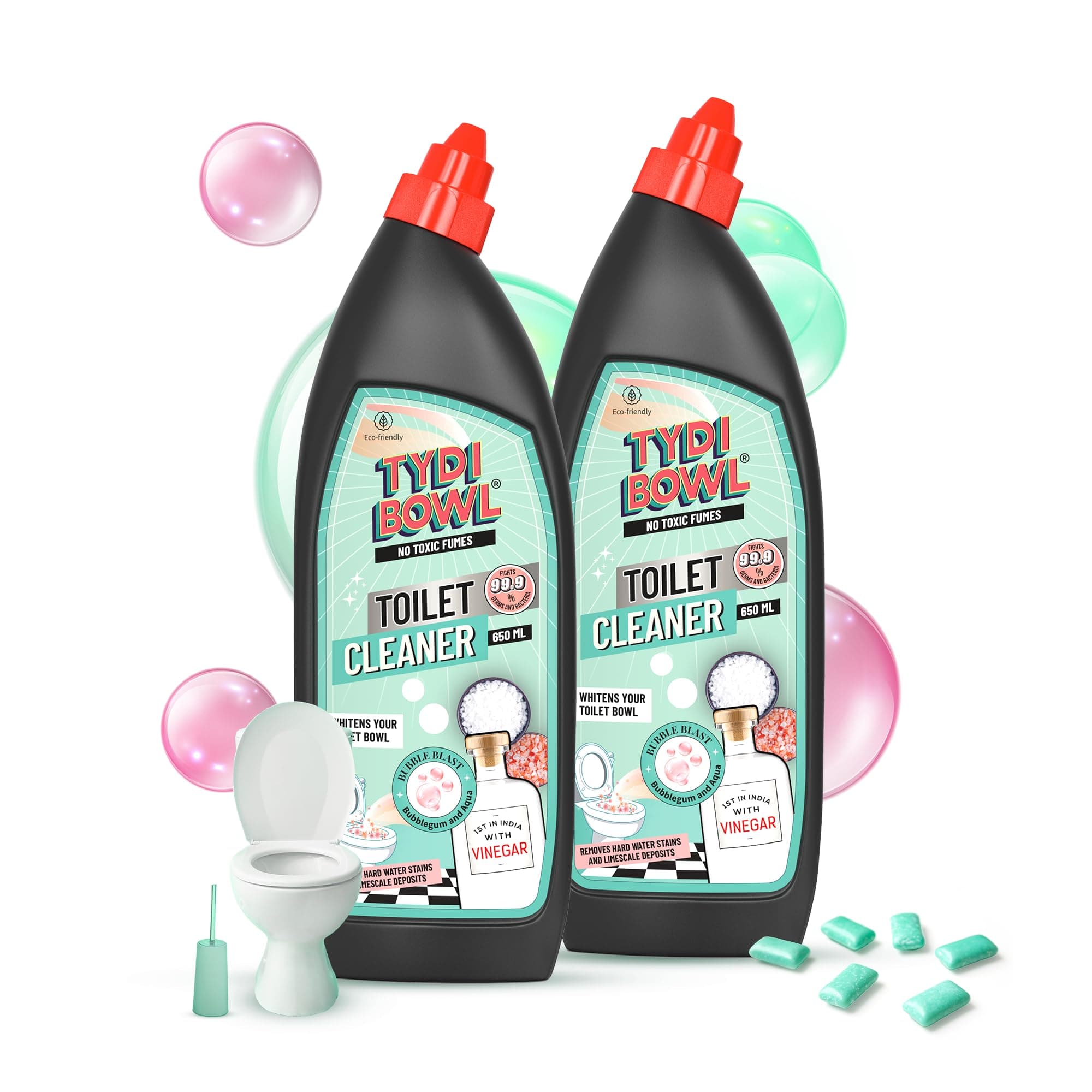 Toilet Cleaner BubbleBlast โ Eco Friendly, Vinegar Powered Formula for Hard Water Stains, Limescale & Odour Removal, Pet Safe, Child Safe Bathroom Cleaning Liquid 650ml (Pack of 2)
