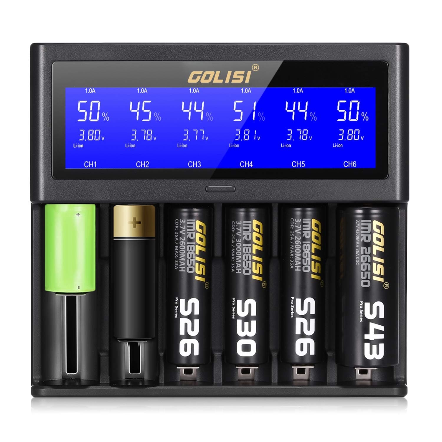 GOLISI S6 2A 1A 0.5A Smart Battery Charger LCD Display Rapid Rechargeable Lithium-ion/NiMH/NiCd 18650 26650 18350 16340 21700