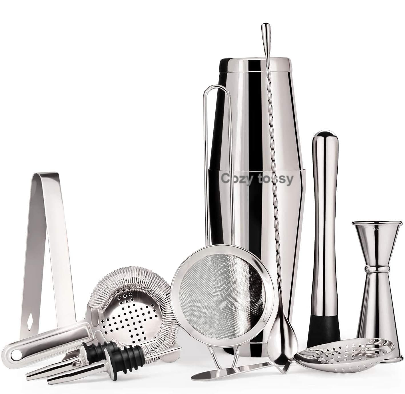 Boston Cocktail Shaker Bar Set : 18oz & 28oz Shaker Tins, Hawthorne Cocktail Strainer, Double Jigger, 12'' Mixing Spoon, 7'' Drink Muddler and Recipes (Silver)