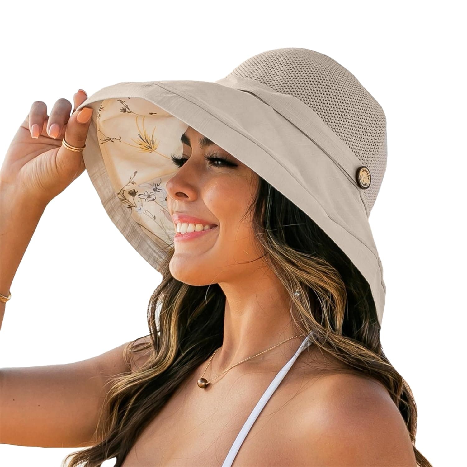 Women's-Mesh-Sun-Hats Wide-Brim Summer Beach Bucket Caps for Girls Outdoor-UV-Protection Foldable-Fishing-Hat Chin Strap