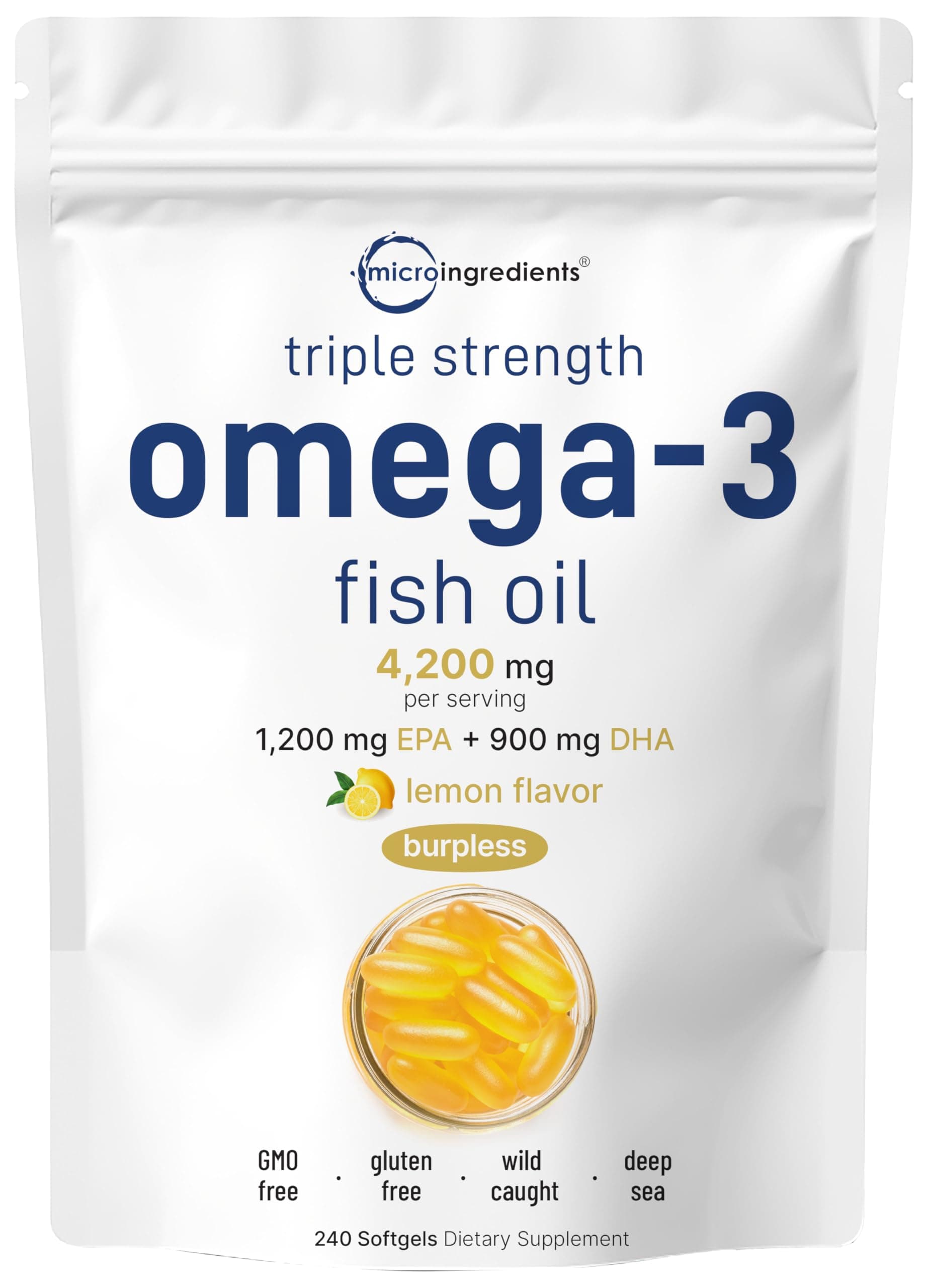Micro Ingredients Triple Strength EPA 1200 mg and DHA 900 mg Omega-3 Fish Oil Supplement 4200 mg Per Serving, 240 Softgels