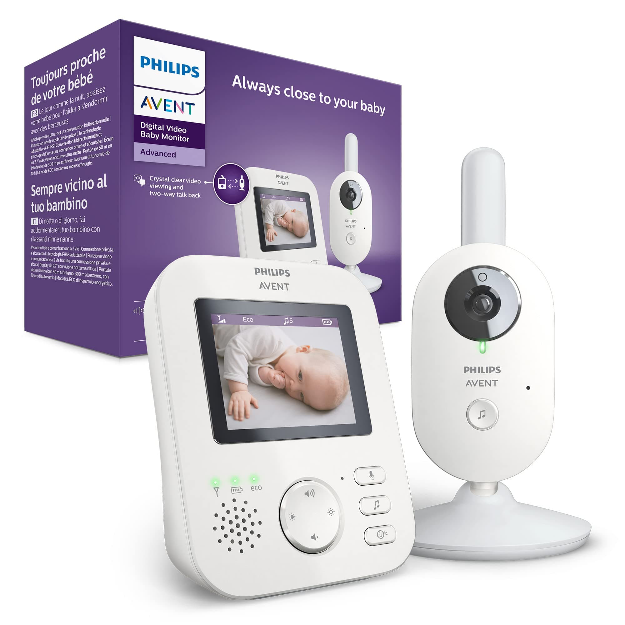 AVENT Philips Video Baby Monitor – Private and secure with A-FHSS technology, 2.7 inch color screen, Soothing lullabies & talkback (Model SCD833/05)