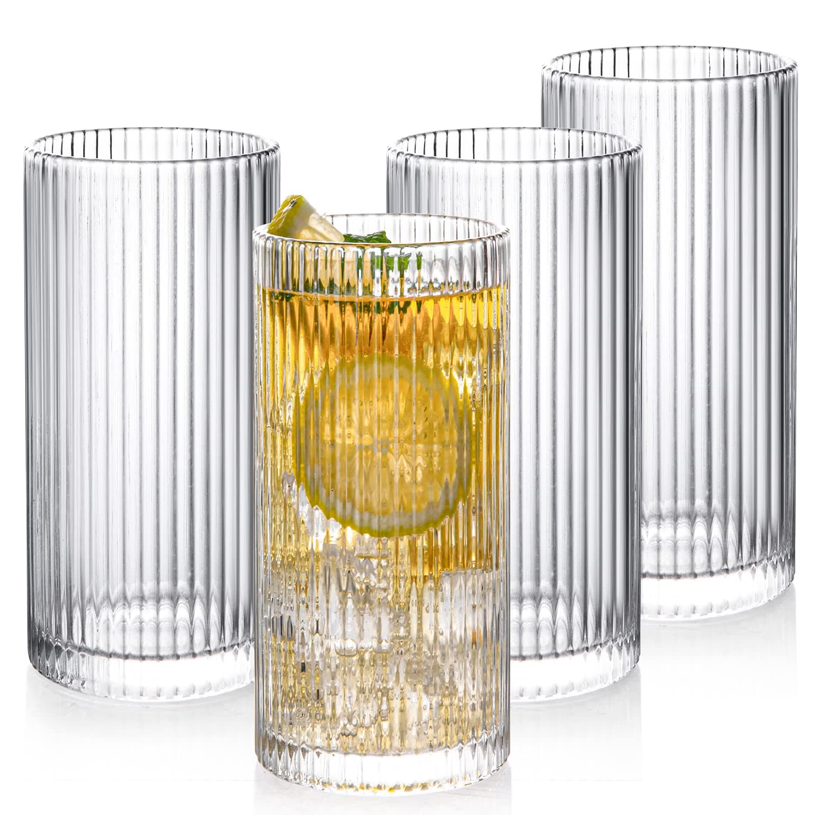 Drinking Glasses with Origami Style Set of 4 Glass Cups, 12 oz Ribbed Glassware, Highball Glass Cups, Elegant Art Deco Ripple Vintage Glassware, Juice Glasses, Ideal for Cocktail, Beer