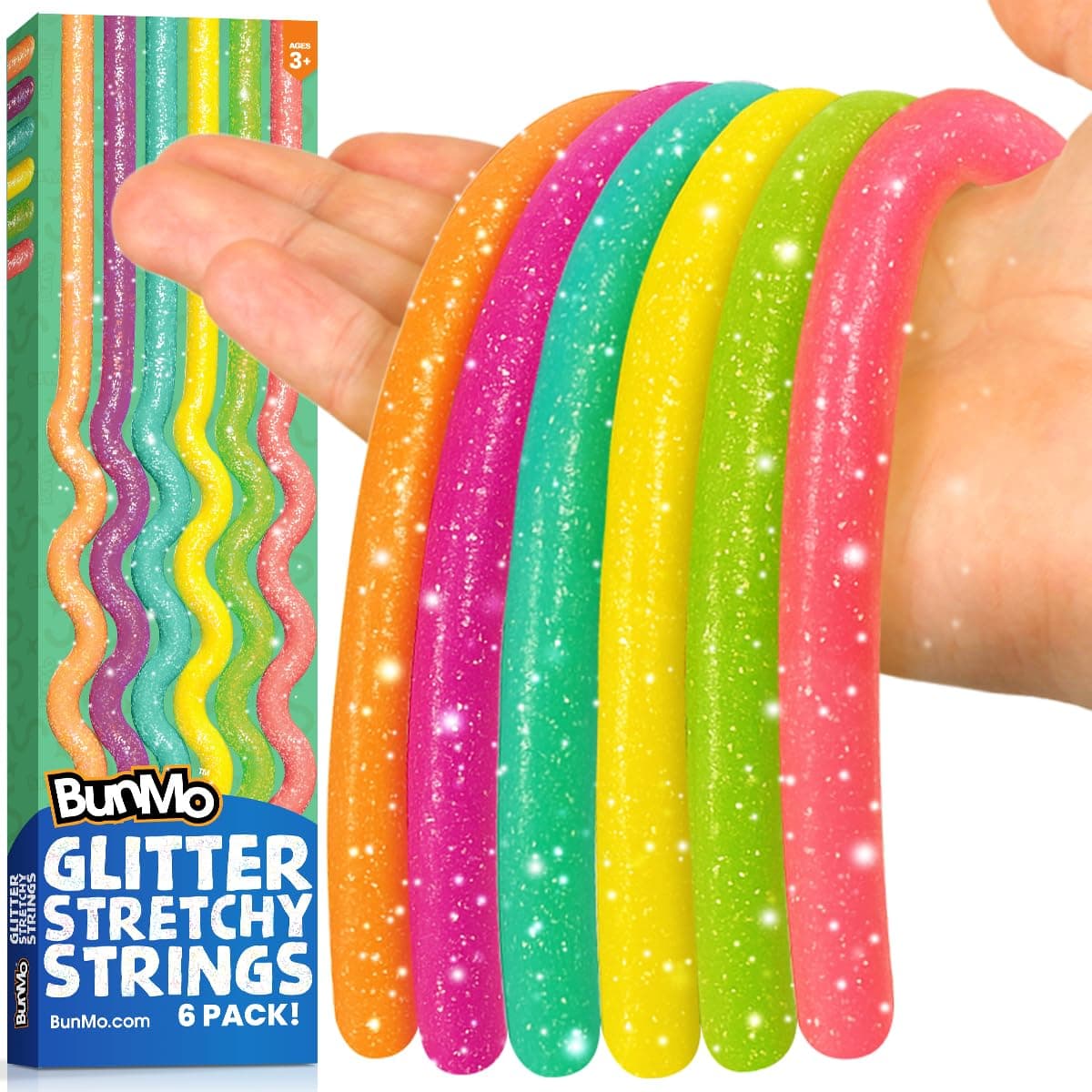 Sensory Toys Stretchy Strings for Toddlers 3+ - Stimulating & Addictive Fidget Toys for Kids - Hours of Fun for Kids - Non-Mouthable Toy 3+ - Glitter 6 Pack