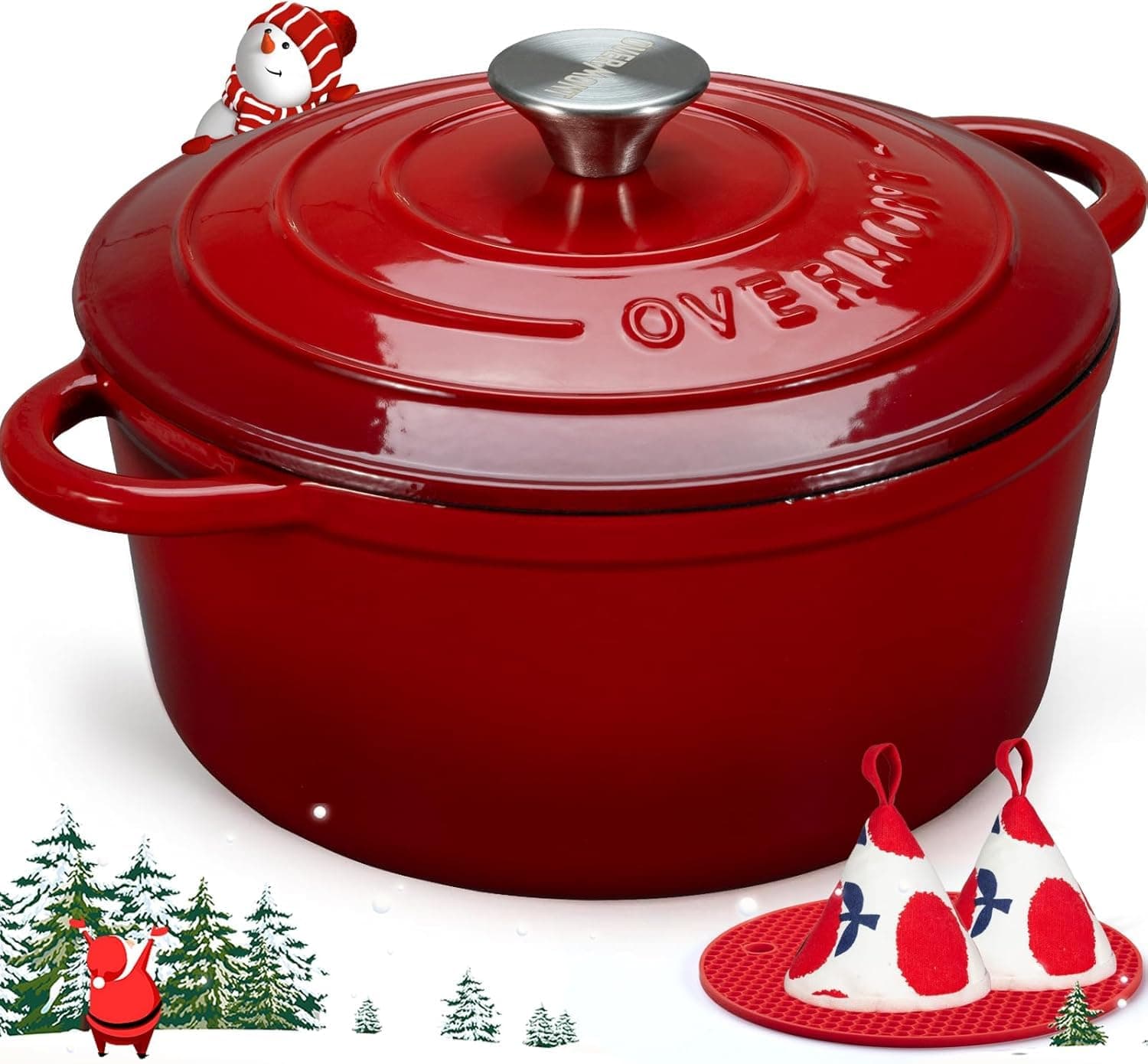 Overmont Cast Iron Casserole Pot 26 cm - Enamel Roasting Dish with Lid Oven Safe - with Cookbook - for Kitchen Baking Braising Roasting Red
