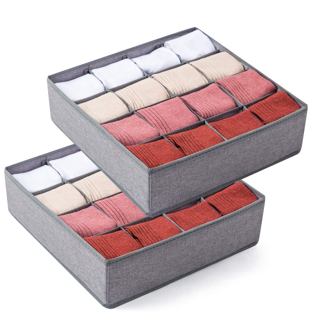 Qozary 2 Pack Socks Underwear Drawer Organizer Divider, 24 Cell or 16 Cell Collapsible Cabinet Closet Organizer Storage Boxes for Clothes, Socks, Lingerie, Underwear, Ties