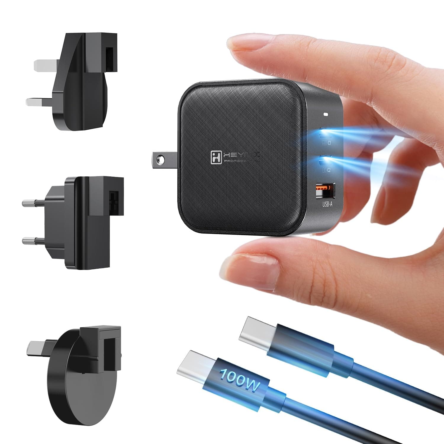 HEYMIX 66W GaN Charger - 65W USB C Fast Charger, Dual USB C Wall Adapter, 3-Port PPS USB-C Power Plug with 100W USB C Cable & Travel Plug Compatible with MacBook, Lenovo, iPhone 14/13, Samsung S22/S21