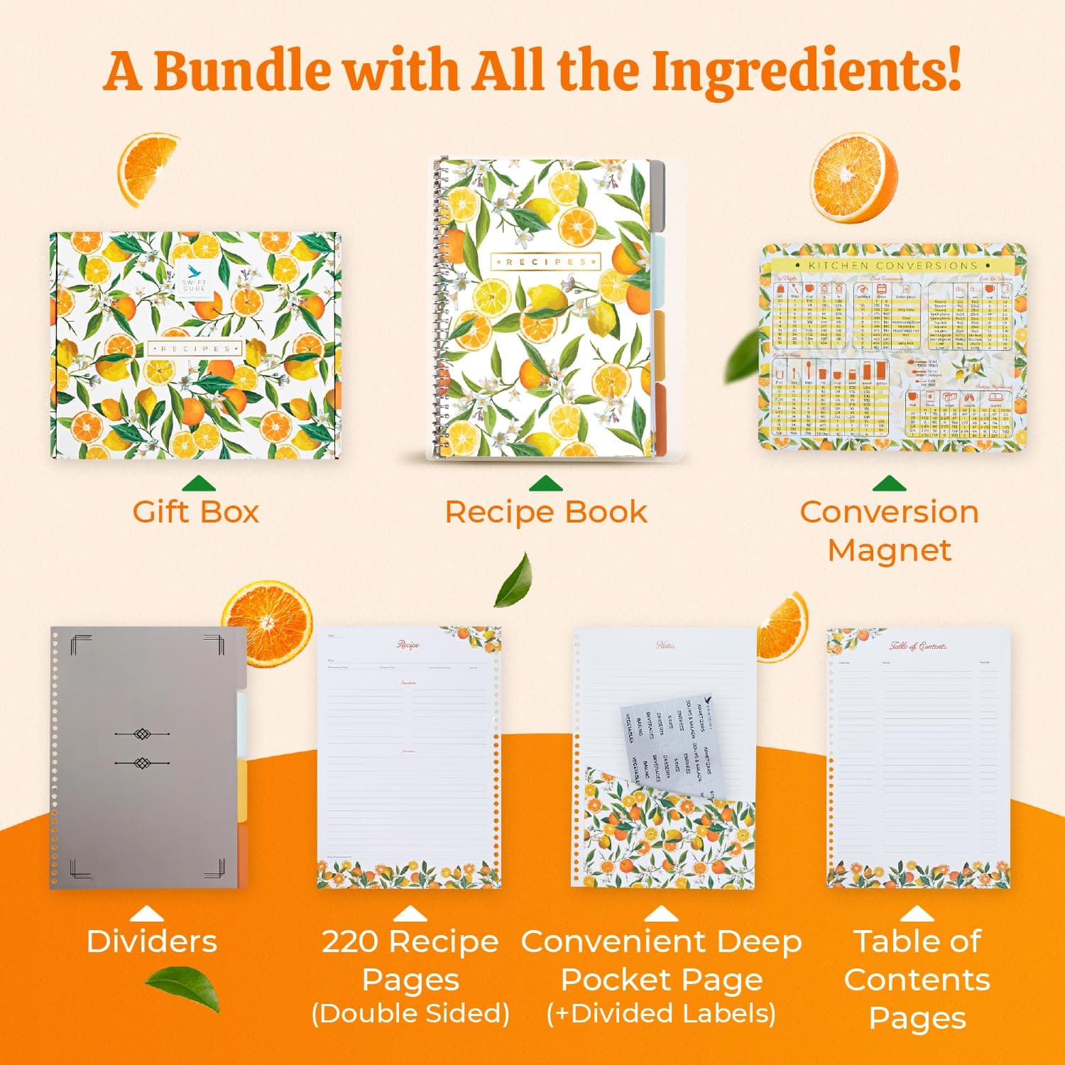 Recipe Book to Write in Your Own Recipes | Handy Kitchen Conversion Chart Magnet Included | Store 220 Recipes, 30 Ring Binder with 8 Dividers | Perfect Family Recipe Journal