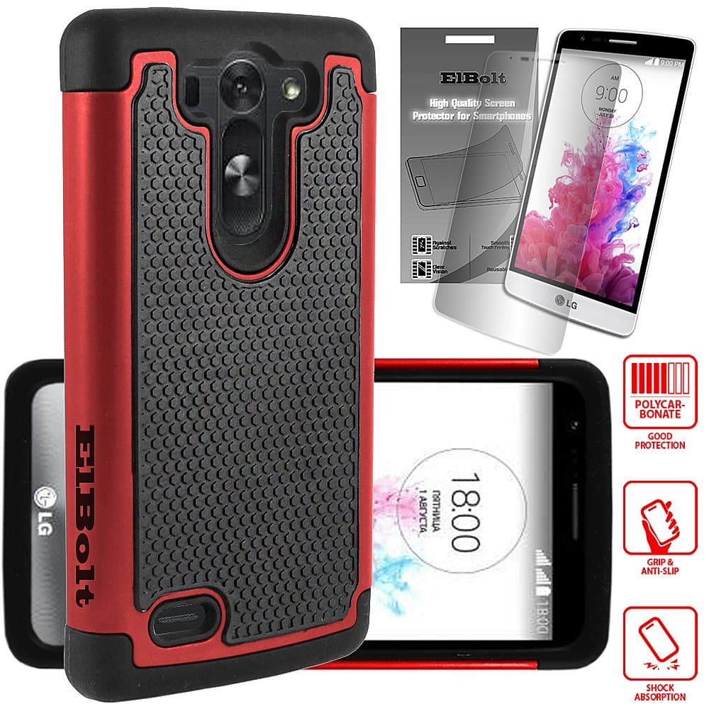 ElBolt LG G3 Vigor / G3 Mini / G3 Beat/ G3s D725 D722 Case - 2 in 1 Bundle Silicon Dual Layer Armor Protective Case Cover Skin -Red with Free ElBolt Certified Premium Screen Protector by ElBolt TM