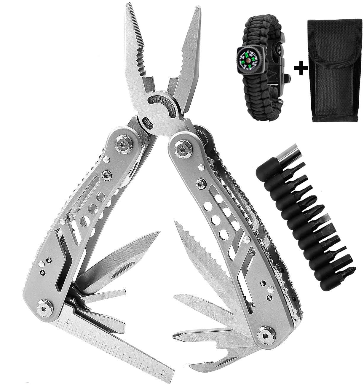 Multitool Pliers Knife Kit, Multitools for Men 24-in-1 Pocket Heavy Duty Stainless Steel Multi-Purpose Tool for Hunting Hiking Camping Outdoor Survival with Multifunctional Bracelet & Nylon Sheath
