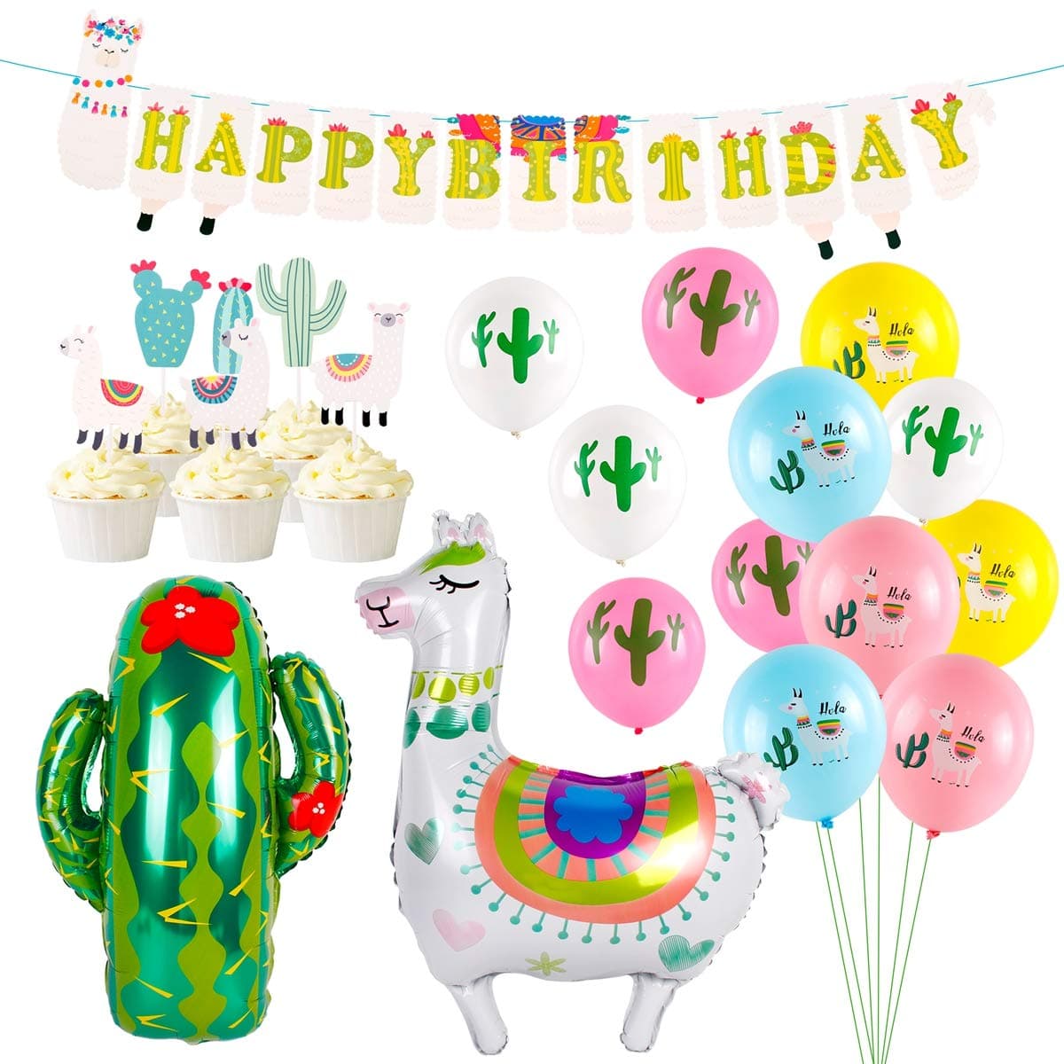 Llama Party Supplies, Birthday Party Decorations with Large Llama Cactus Foil Balloons, Latex Balloons, Cupcake Topper, Happy Birthday Banner for Baby Shower Home Decor