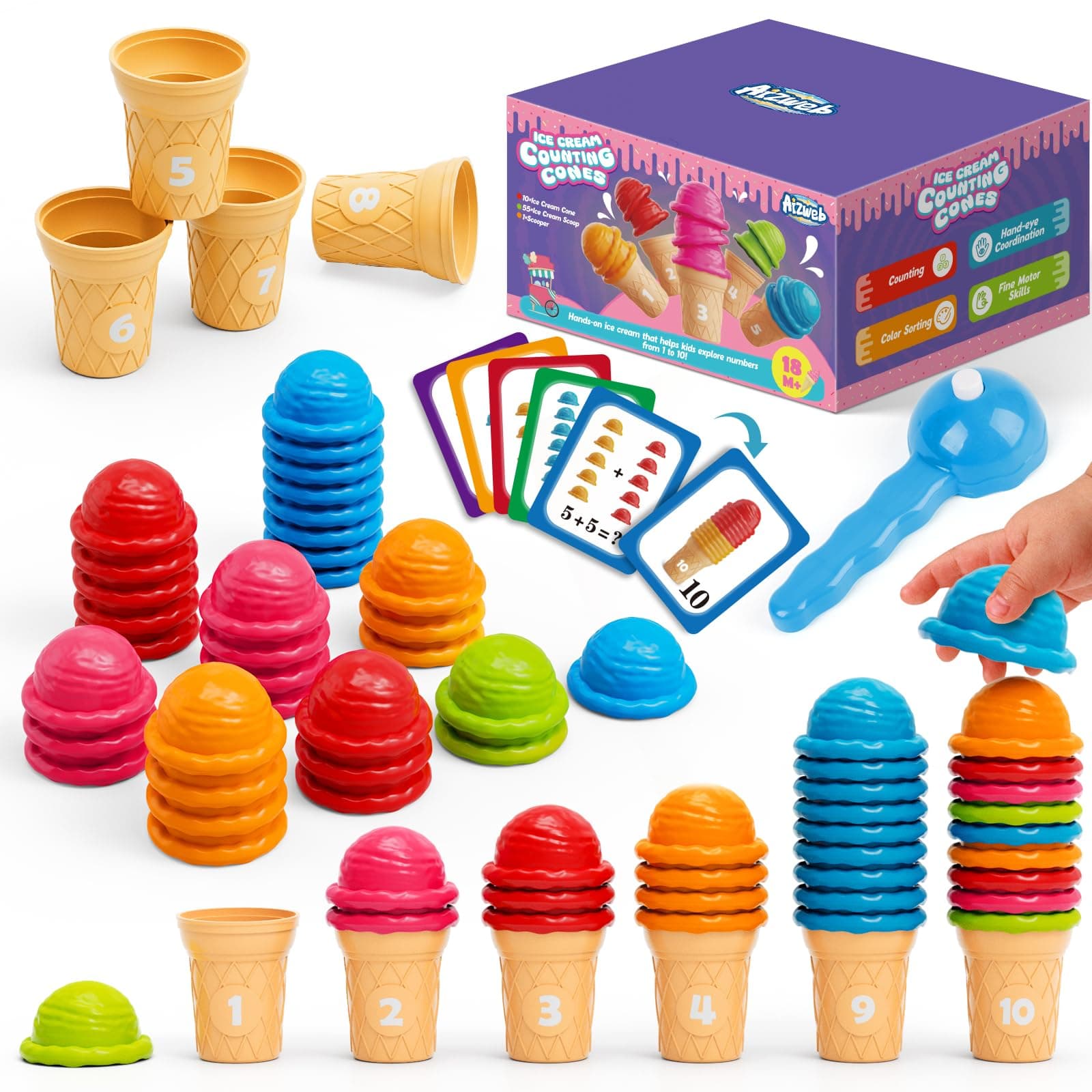 Ice Cream Counting and Color Sorting Stacking Toys for Toddlers, Montessori Preschool Kindergarten Learning Activities,Number Math Manipulatives Math Games Educational Fine Motor Skills Toys