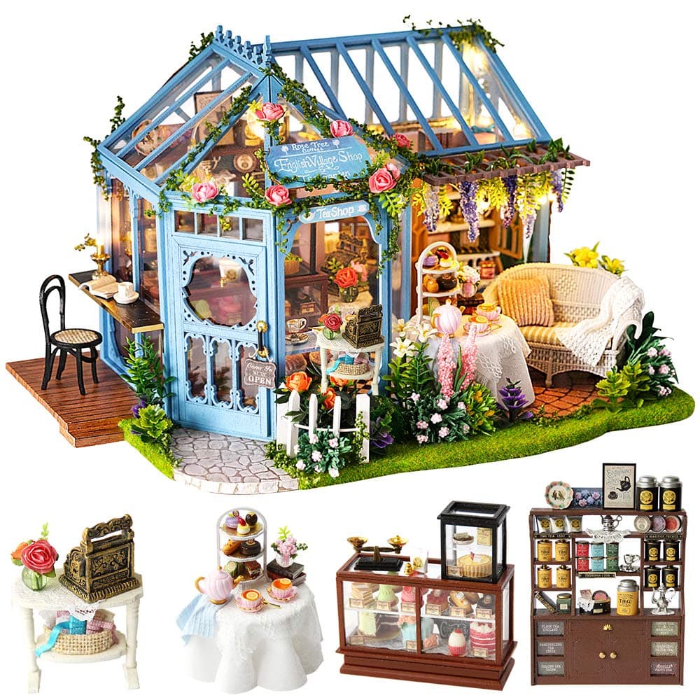 CUTEBEE Dollhouse Miniature House with Furniture, DIY Dollhouse Kit with Dust Proof, Music Movement, 1:24 Scale Creative Room for Gift for Family (Rose Garden Tea House)
