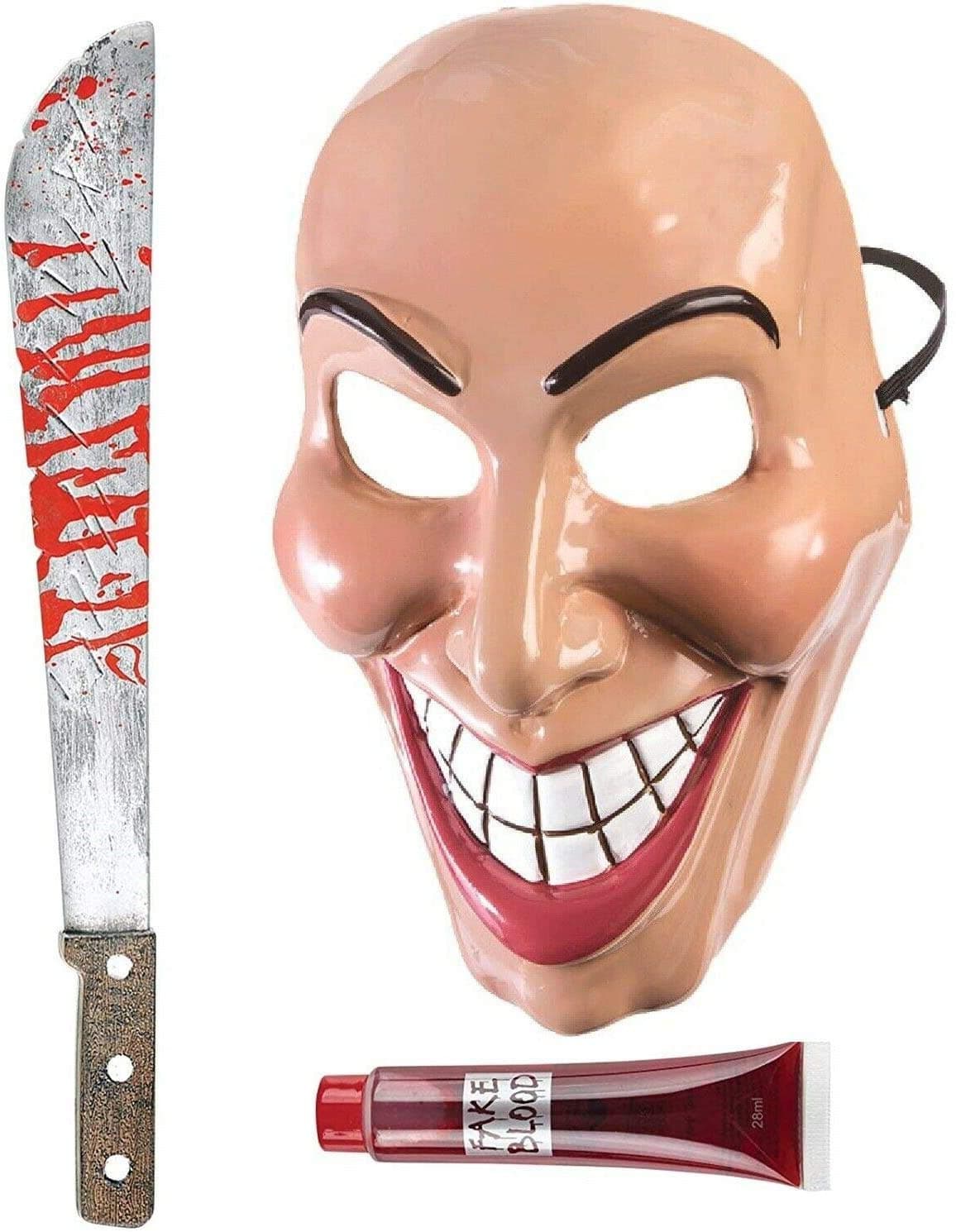 Ladies Halloween Purge Mask, Machete And Fake Blood | Horror Scary Evil Grin Cosplay Party Costume