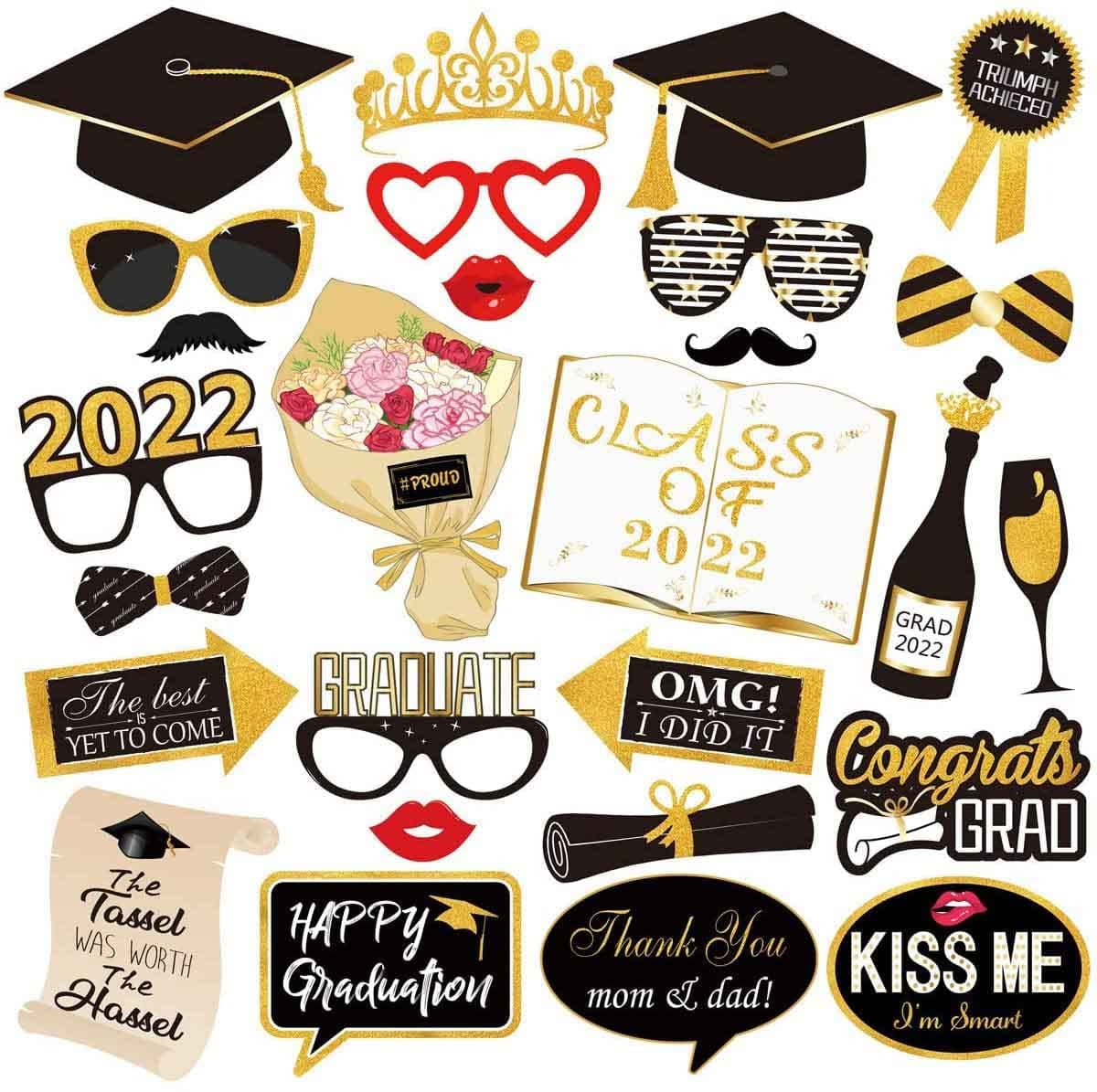 Glitter Graduation Photo Booth Props Kit - Class Photography Party Decorations Gifts, Black and Gold Fun Posing Sign DIY Craft Backdrop Accessories for High School College Grad Décor Supplies