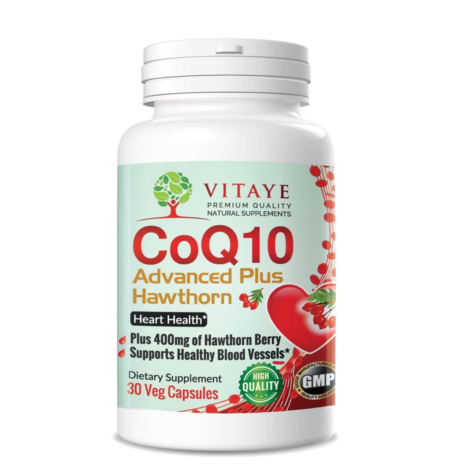 Advanced 100mg CoQ10 and 400mg Hawthorn Berry, Superior Antioxidant Combination for Heart Health, Pharmaceutical Grade, 30 Count Capsules