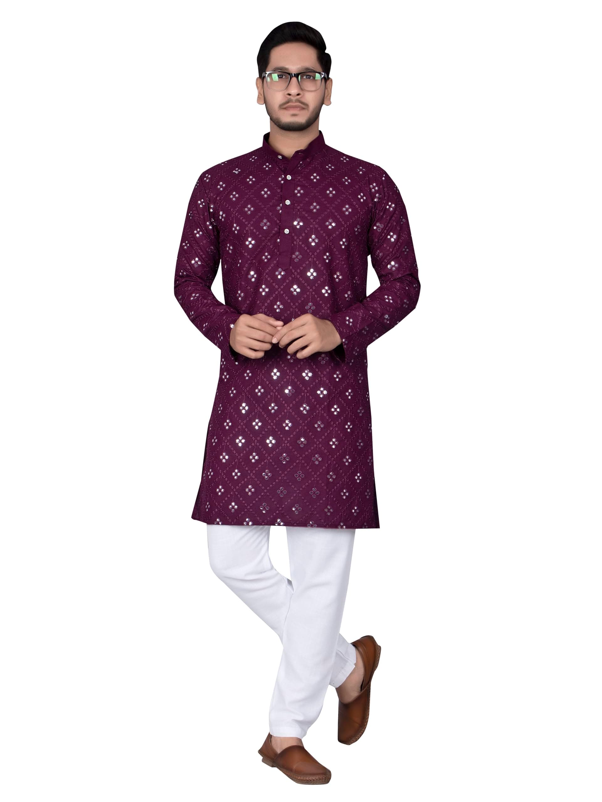 XEPONMen's Traditional Cotton Straight Casual Kurta with Mirror Work Lucknowi Chikan Embroidery Knee Length Mandarin Collar for Festive Party Ethnic Wear