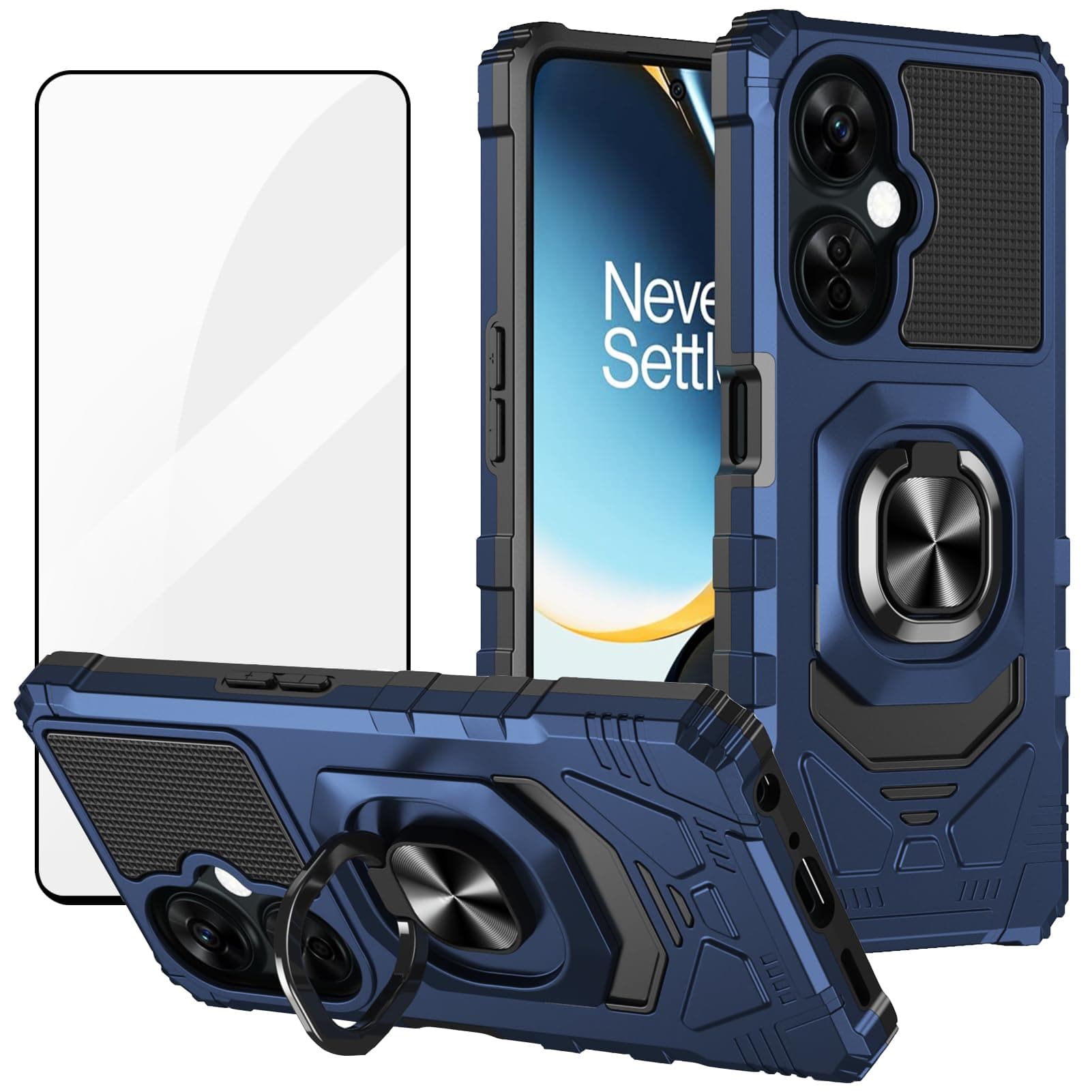 for One Plus Nord N30 Phone Case, One + Nord N30 Case with Screen Protector, Ring Kickstand for Magnetic Car Mount, Heavy Duty Shockproof Rugged Protective Phone Cover for OnePlus N30 5G-Blue