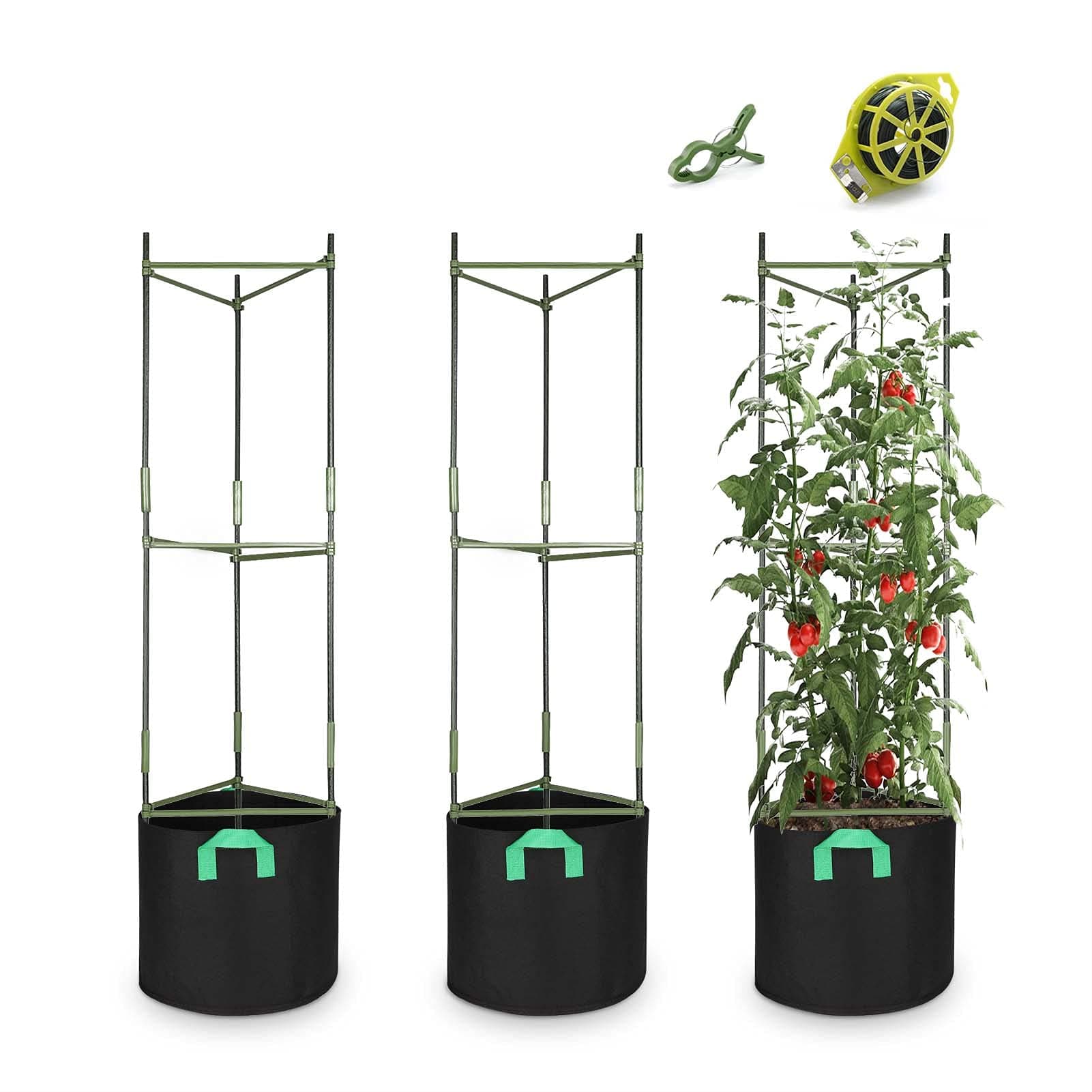 CEED4U 6 Packs Plant Support Cages Assembled Tomato Garden Cages Stakes Vegetable Trellis, with 6Pcs 10 Gallon Grow Bags, 18Pcs Plant Clips, 328Feet Twist Tie, for Vertical Climbing Plants