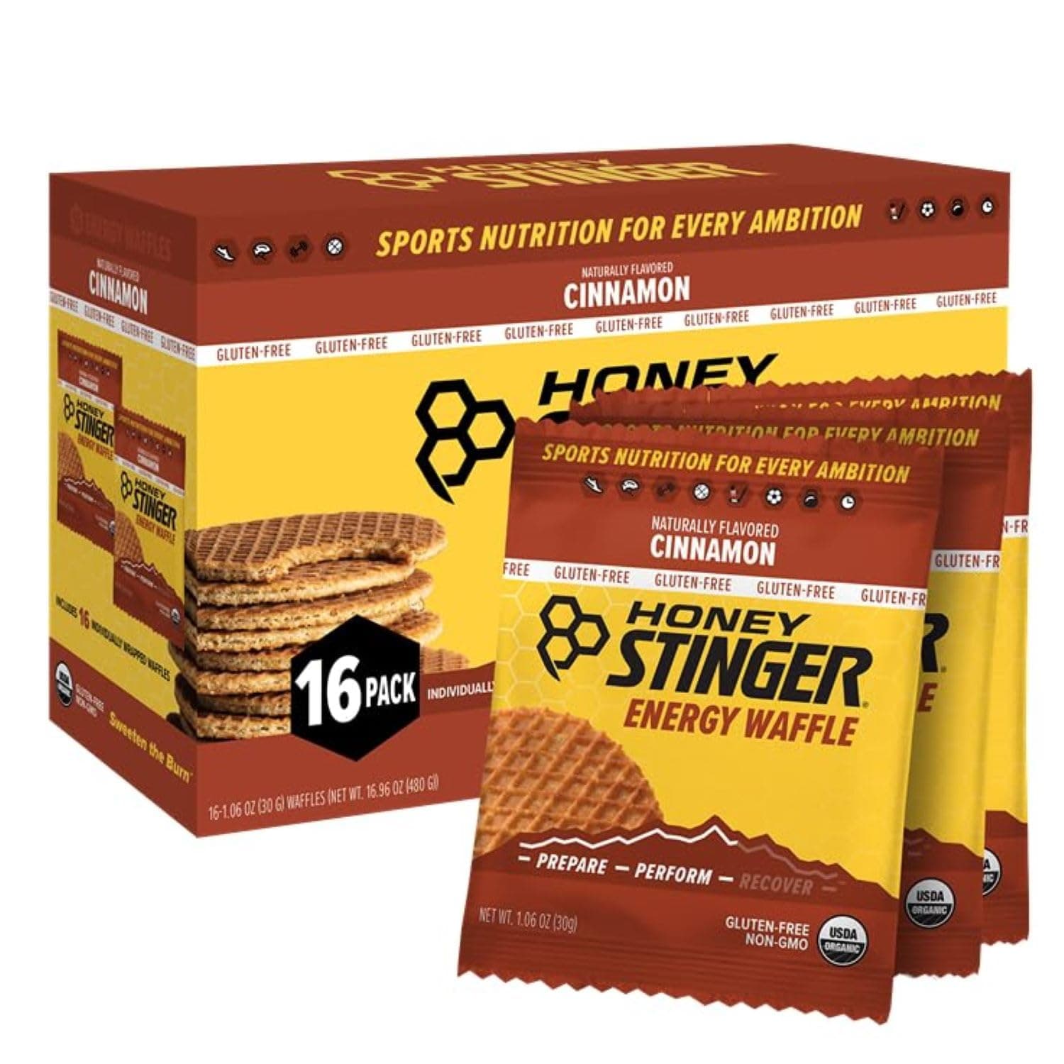 Honey Stinger Organic Gluten Free Cinnamon Waffle, Energy Stroopwafel for Exercise, Endurance and Performance, Sports Nutrition for Home & Gym, Pre and Post Workout, 16.96 Ounces (Pack of 16)
