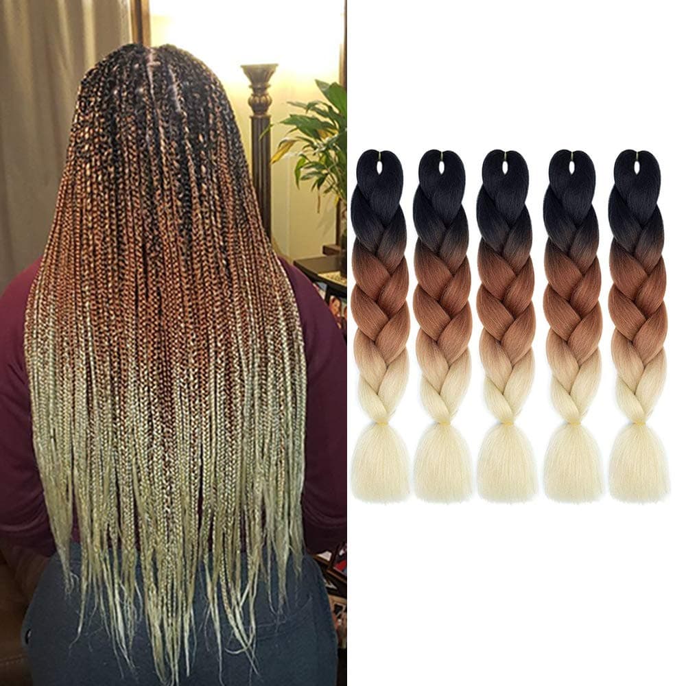 MYCHANSON 24" Three Color Ombre Braiding Hair Kanekalon Synthetic High Temperature Jumbo Braids Hair Extensions (5pcs & Black-Deep Brown-613)