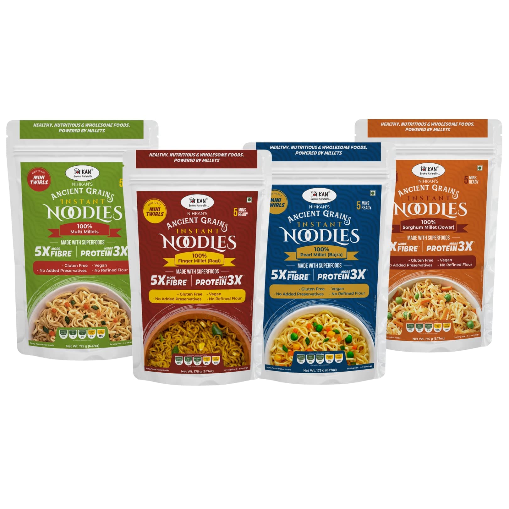NIHKAN Ancient Grains Instant Noodles - 100% Millet flour | Gluten Free | Vegan | High Fibre | High Protein (Pack of 4 ( Finger, Pearl, Sorghum & Multi Millet))