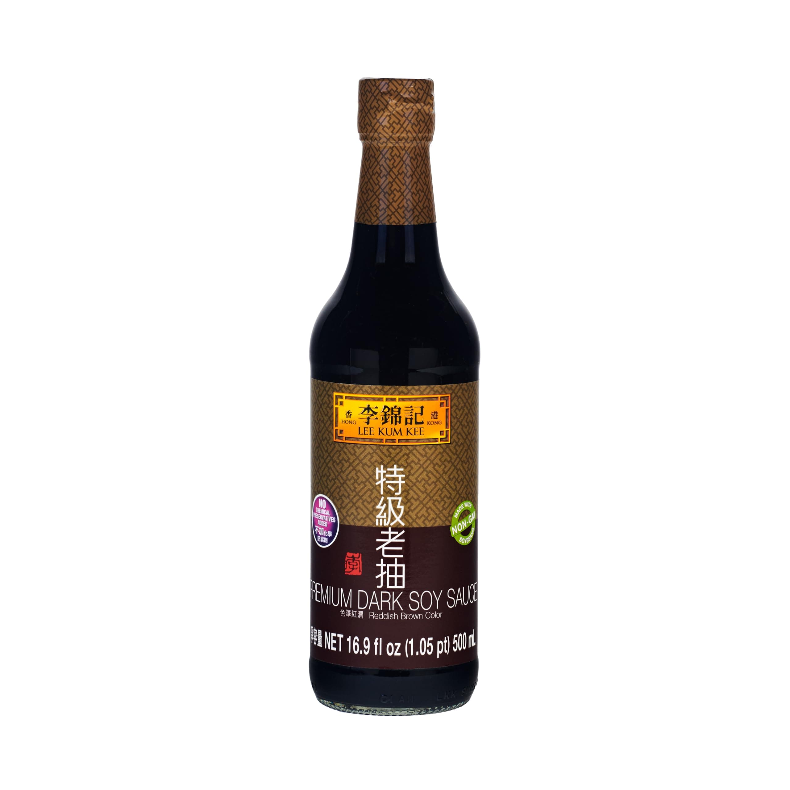 Lee Kum Kee Premium Dark Soy Sauce (16.9 oz - 1 Pack), Full-Bodied Naturally Brewed Soy Sauce, Non GMO Soybeans, Vegan, No MSG, Best for Adding Natural Colors to Stews, Gravies, Braised Dishes & Stir-Fried Noodles