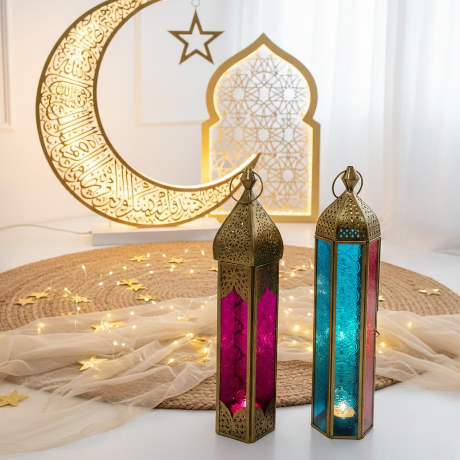 Ramadan Lantern – Metal Candle Lanterns for Decor, Large & Small Arabic candle holder Lantern Set for Indoor Outdoor Fanoos, Ramadan & Diwali Decorations, Balcony & Table (Set of 2)