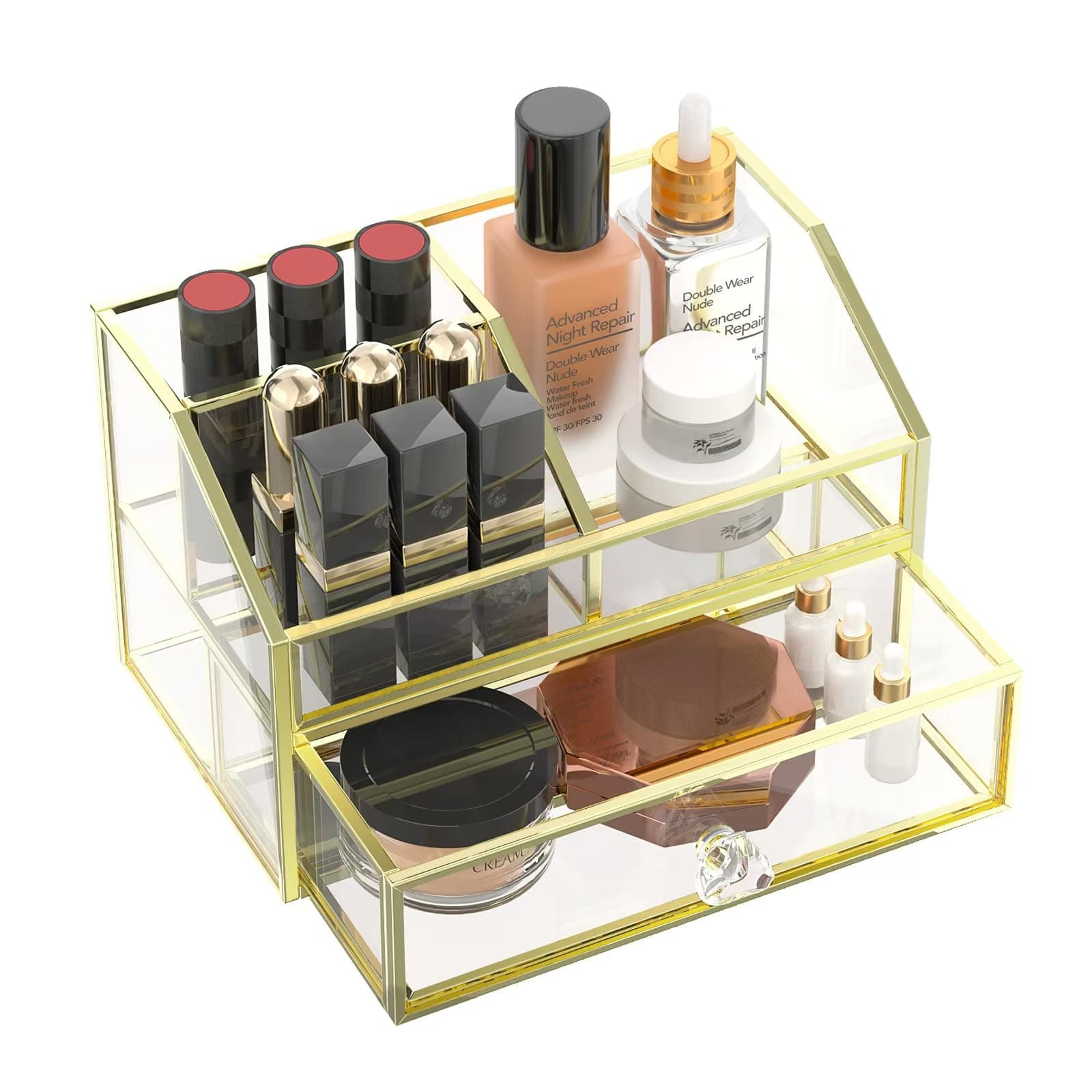Makeup Organizer for Vanity, Clear Glass Drawer Organization and Storage Jewelry Display Case Gold Cosmetics Storage Lipstick Organizer Tray Perfumes for Bathroom Counter or Dresser