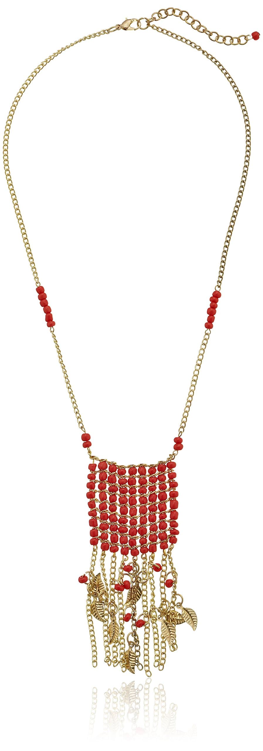 Amazon Collection Red Seed Bead Fringe and Feather Charm Gold-Tone Statement Necklace, 21" + 3" Extender