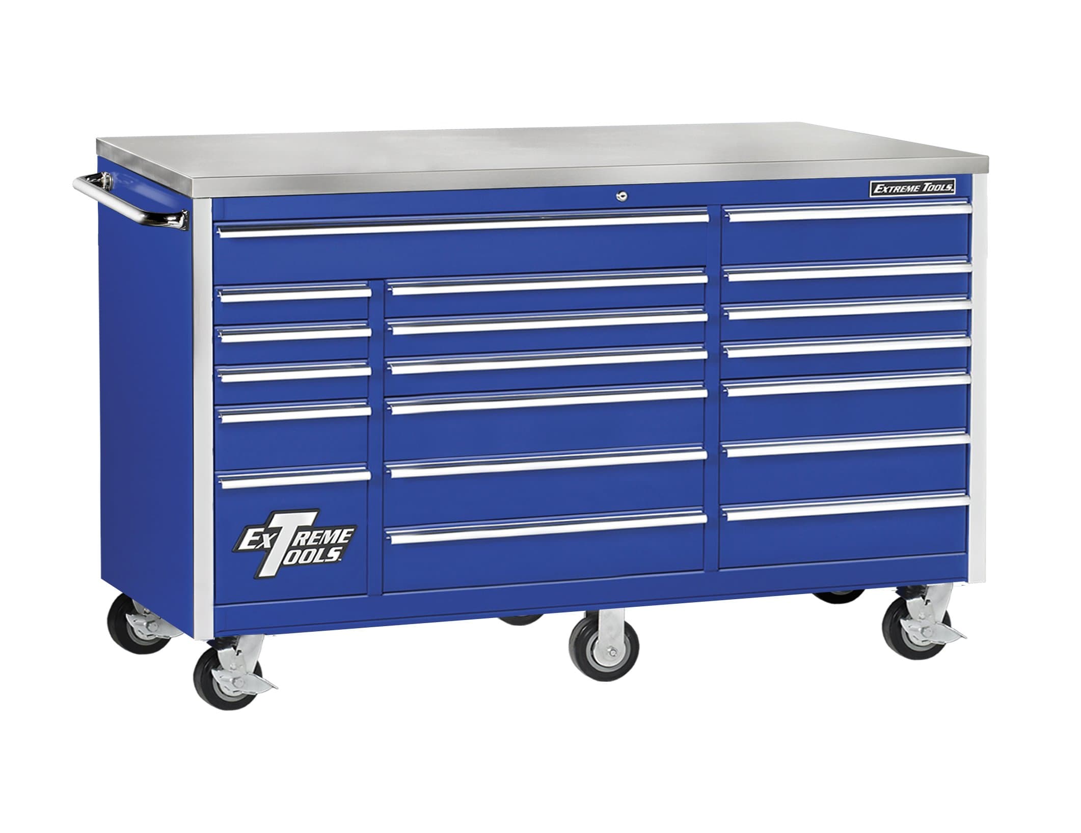 Extreme Tools EX7218RCBL 18-Drawer Triple Bank Roller Cabinet In Ball Bearing Slides, 72-Inch, Blue High Gloss Powder Coat Finish