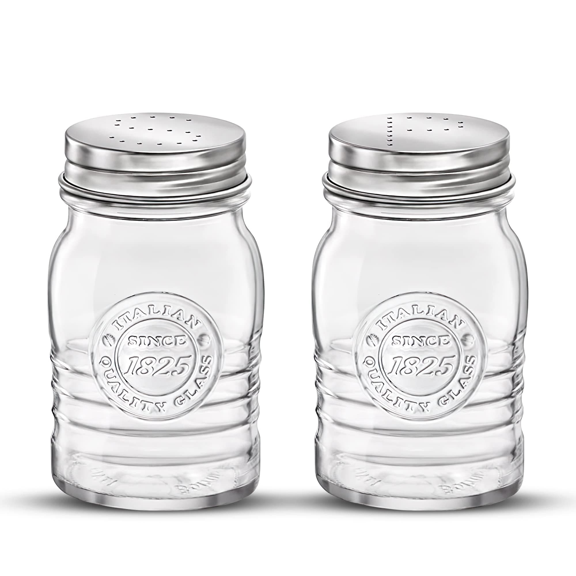 - Officina 1825 Salt & Pepper Jars Set of 2-8 Oz. Ribbed Glass Containers with Airtight Metal Lids for Seasoning, Cooking & Dining Table Use - Italian Glass Storage Design