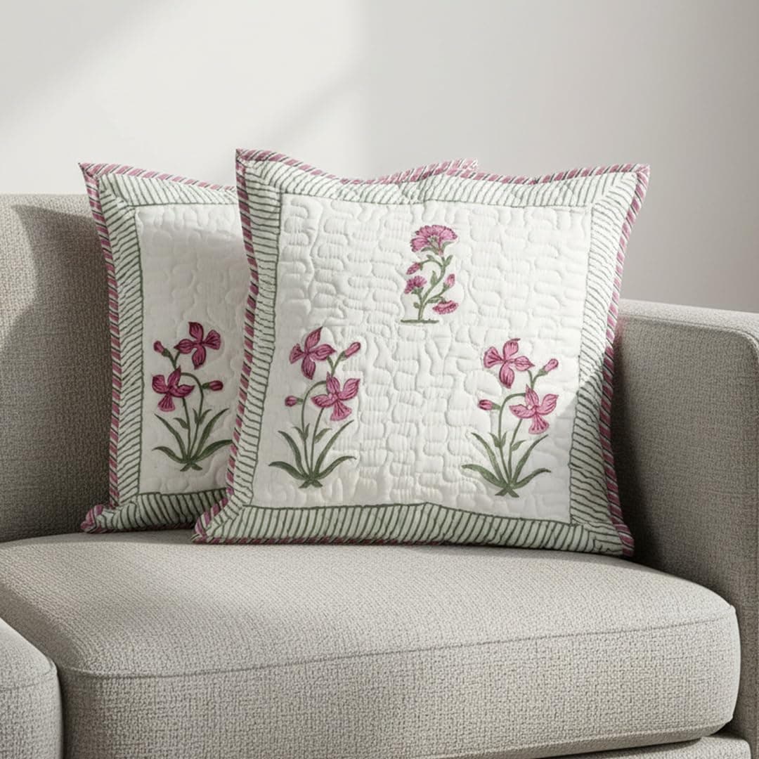 HOMEMONDE Quilted 16 X 16 Inches Soft Throw Cushion Cover - Pack Of 2 Jaipuri Hand Block Print Cotton Pillow Covers, Pink, 300 TC